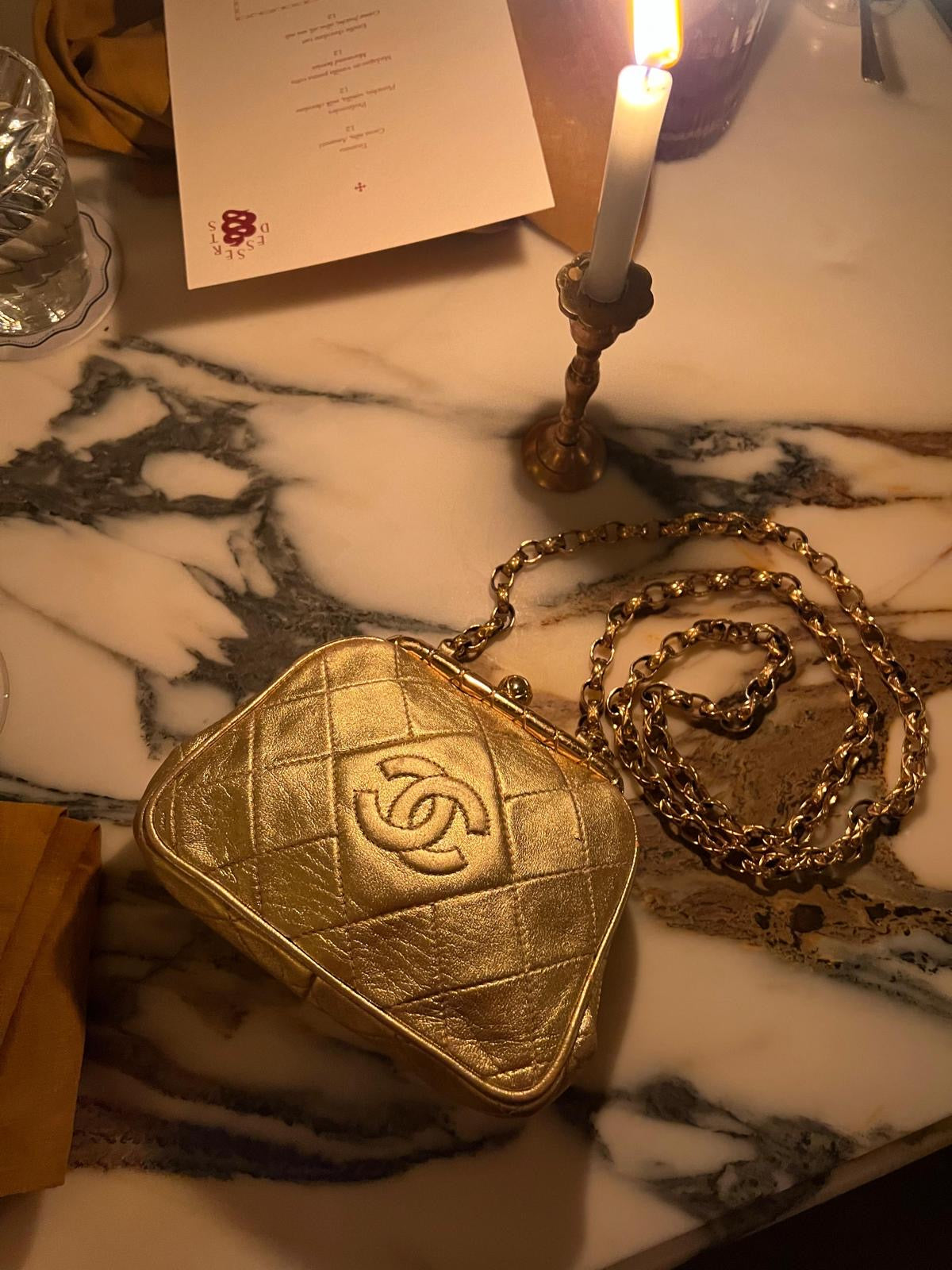 Chanel Vintage CC Metallic Gold Kiss Lock With Bijoux Chain (1989-1991)