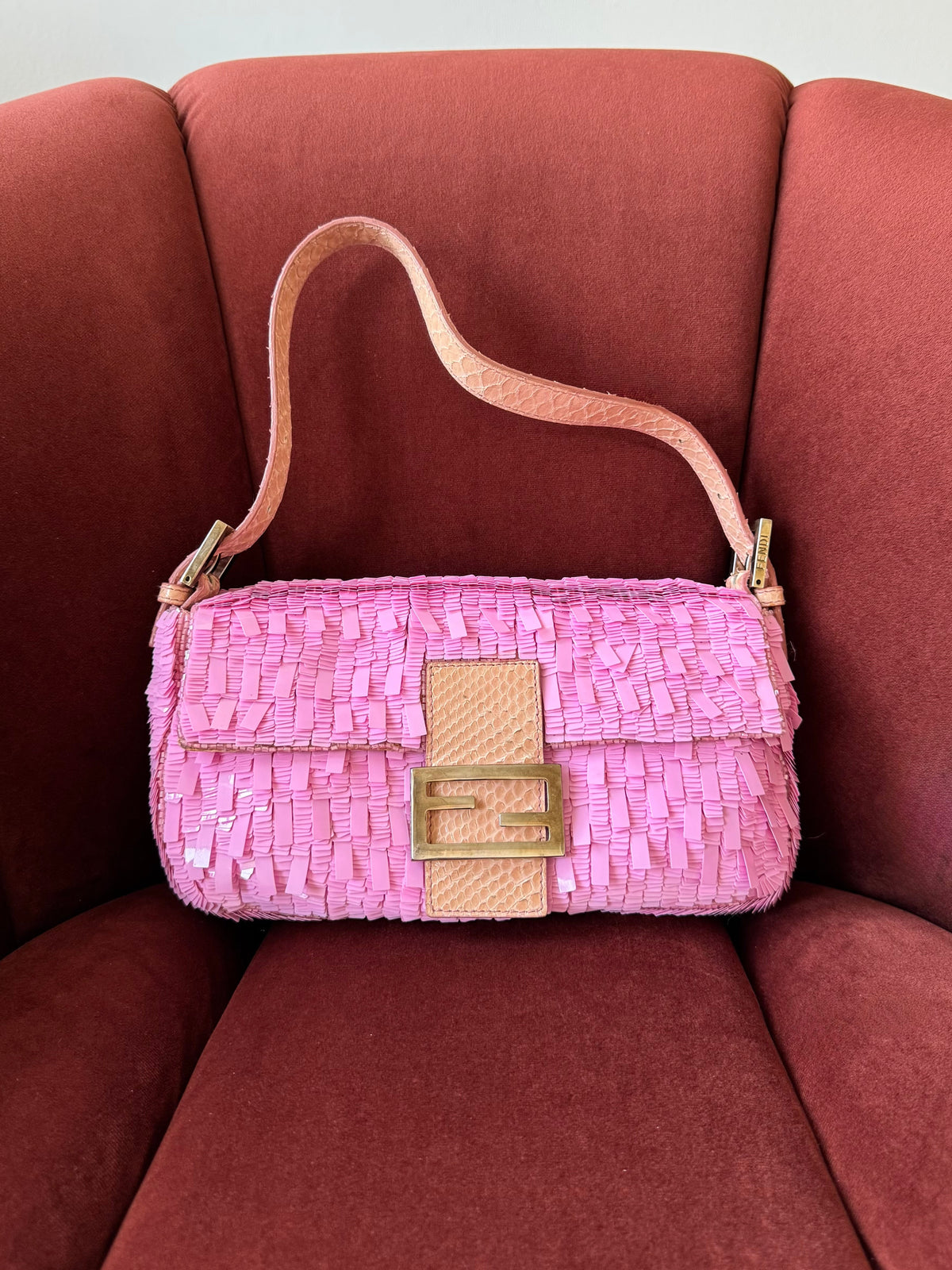 Fendi Vintage Pink Sequin Python Baguette