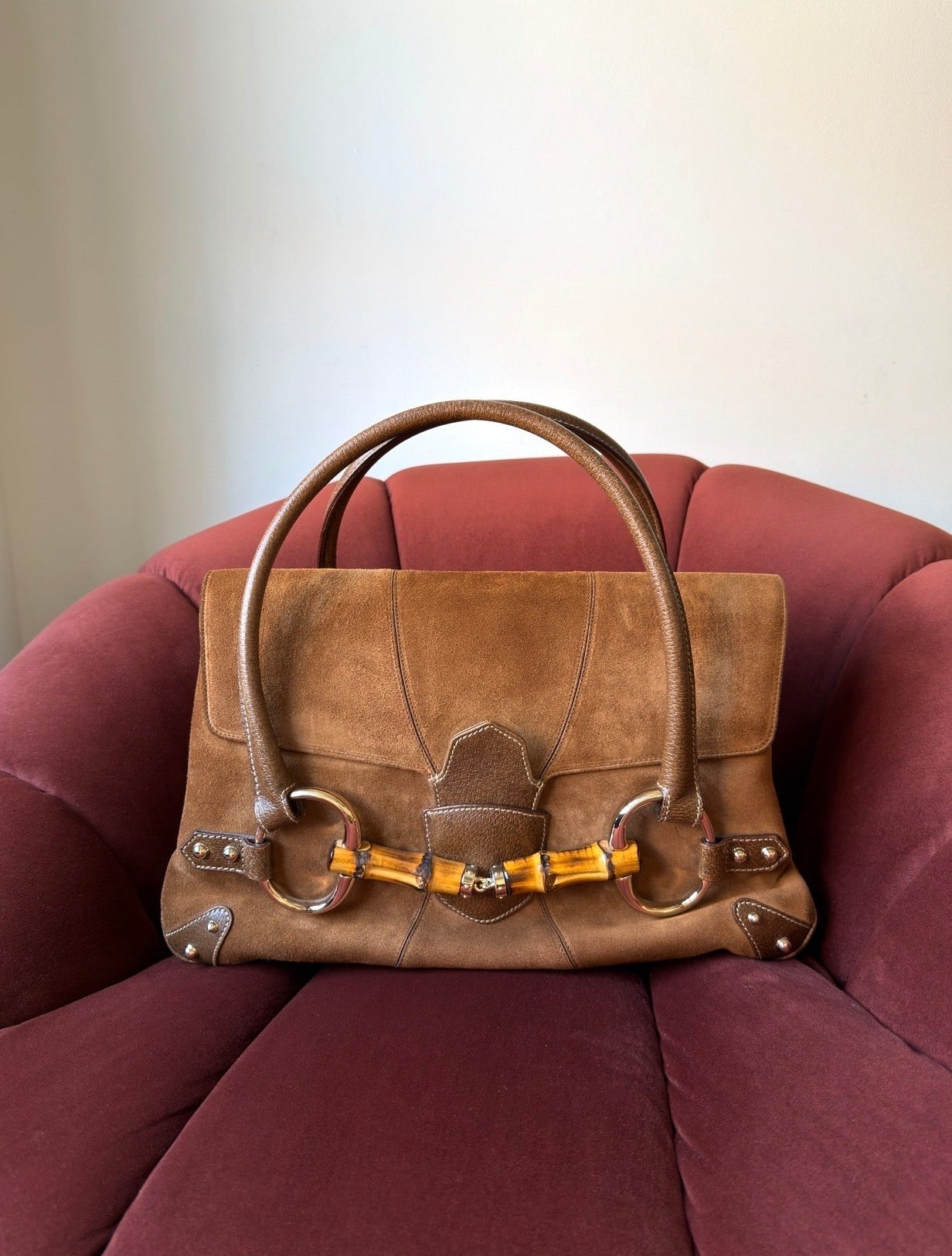 Gucci by Tom Ford Bamboo Horsebit Shopper In Brown Suede (2006)