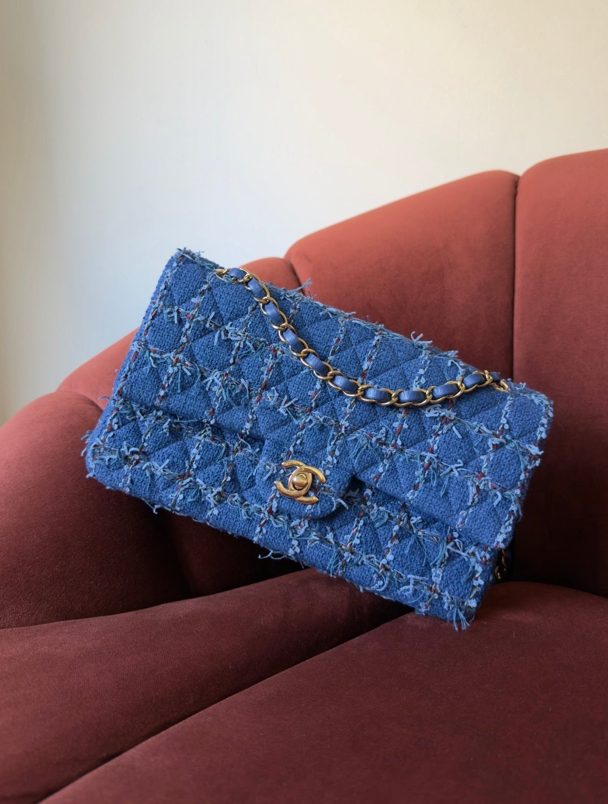 Chanel Classic Medium Double Flap In Blue Quilted Tweed (2023)