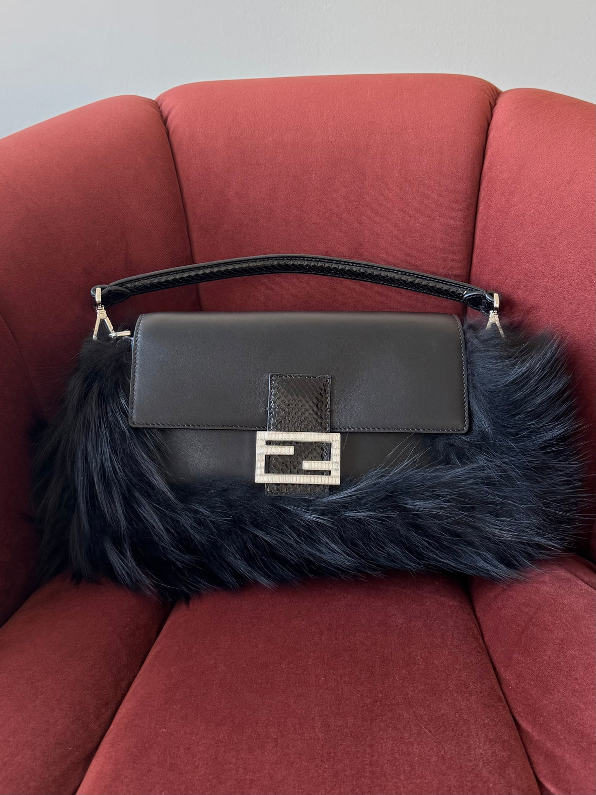 Fendi Fox Fur Crystal Embellished Python Trim Baguette (2026)