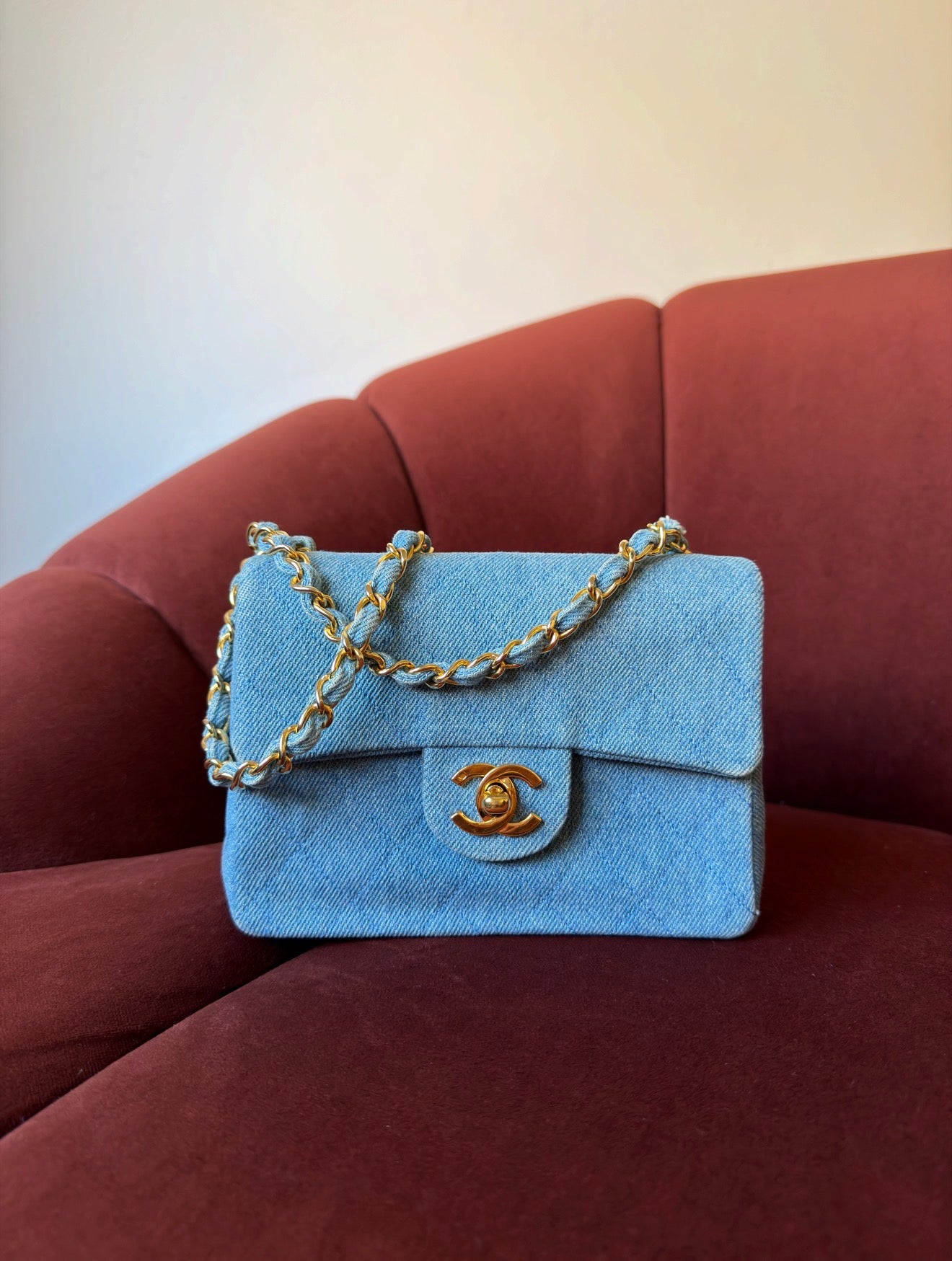 Chanel Vintage Mini Square Flap In Light Blue Denim (1991)