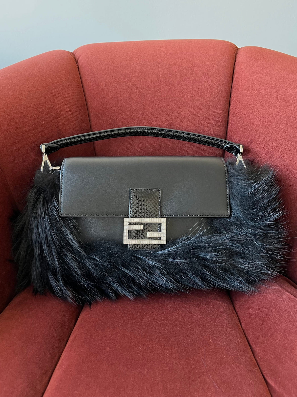 Fendi Fox Fur Crystal Embellished Python Trim Baguette (2026)