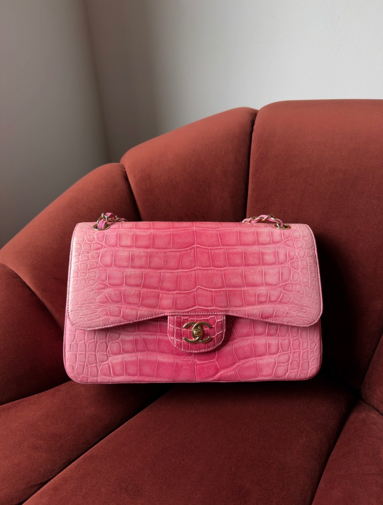 Chanel Jumbo Classic Double Flap In Pink Ombré Alligator *PRICE UPON REQUEST*