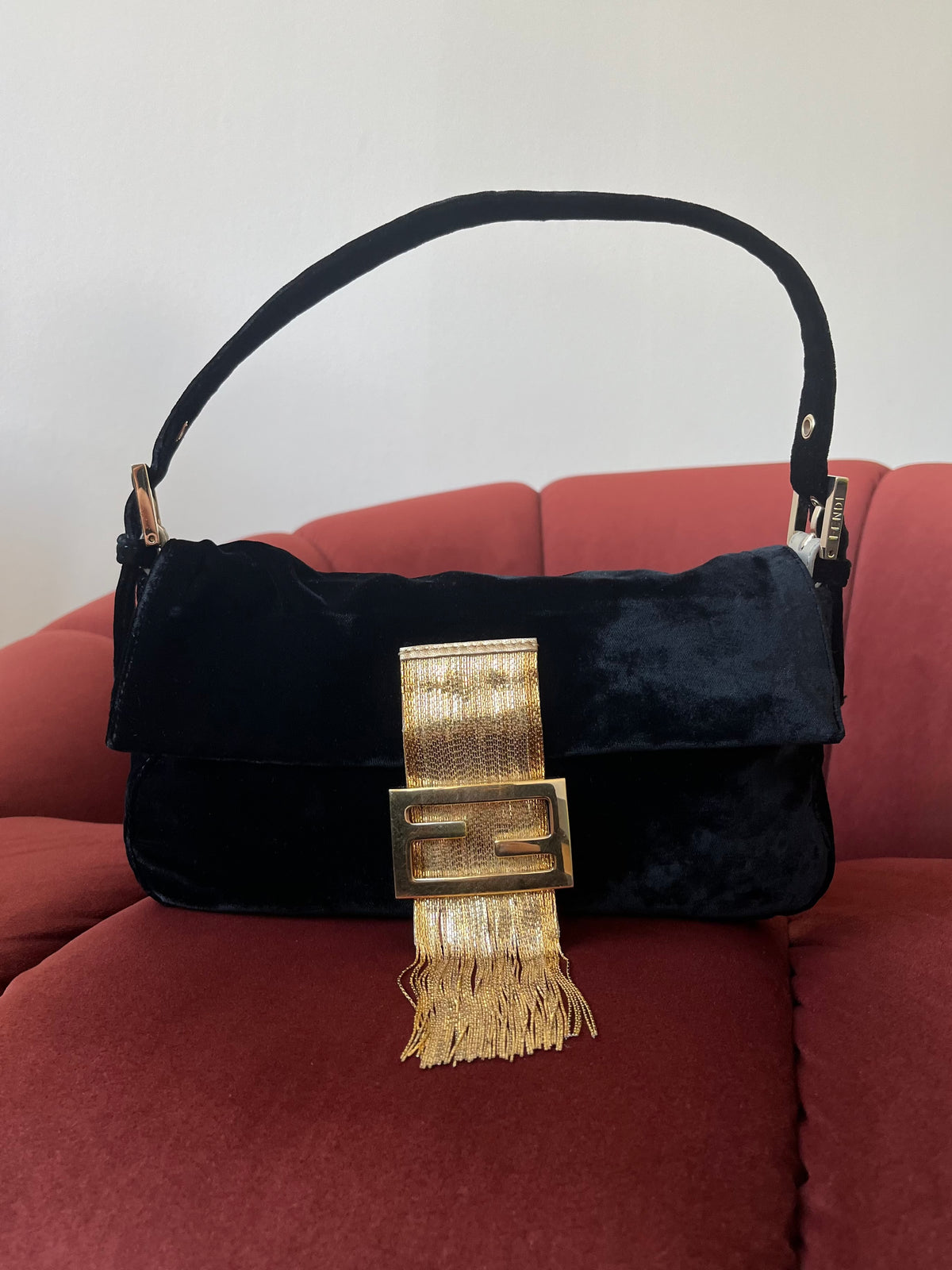 Fendi Vintage Gold Tassels Baguette In Black Velvet