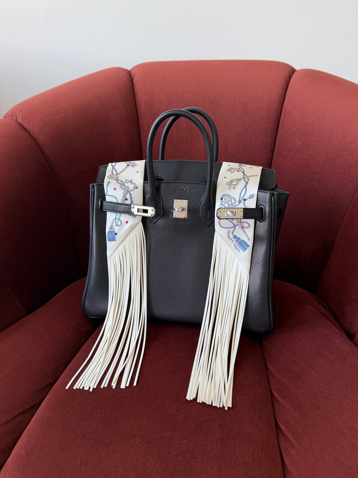 Hermès Les Cles a Pois Leather Fringe Twilly