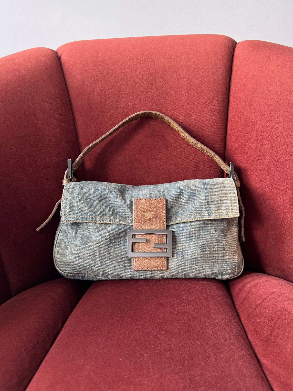 Fendi Vintage Python Trim Denim Baguette