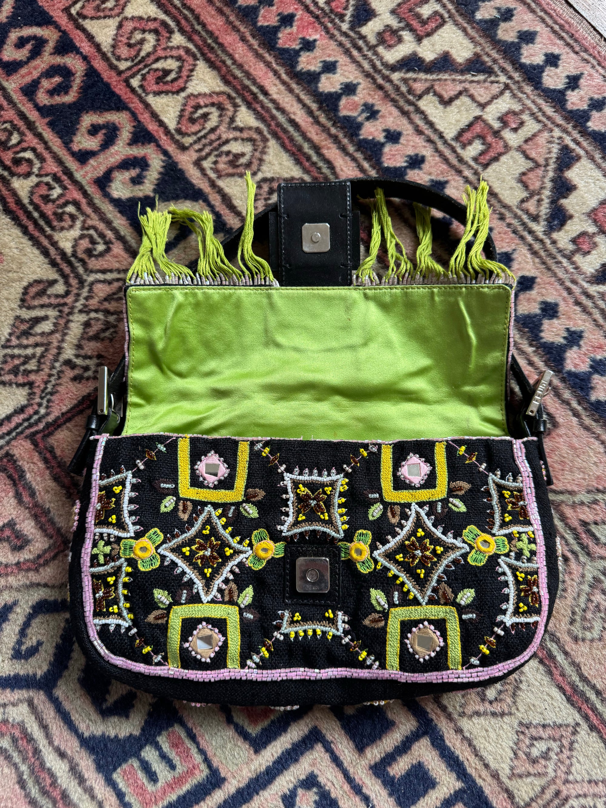 Fendi Vintage Beaded Fringe Baguette Shoulder Bag