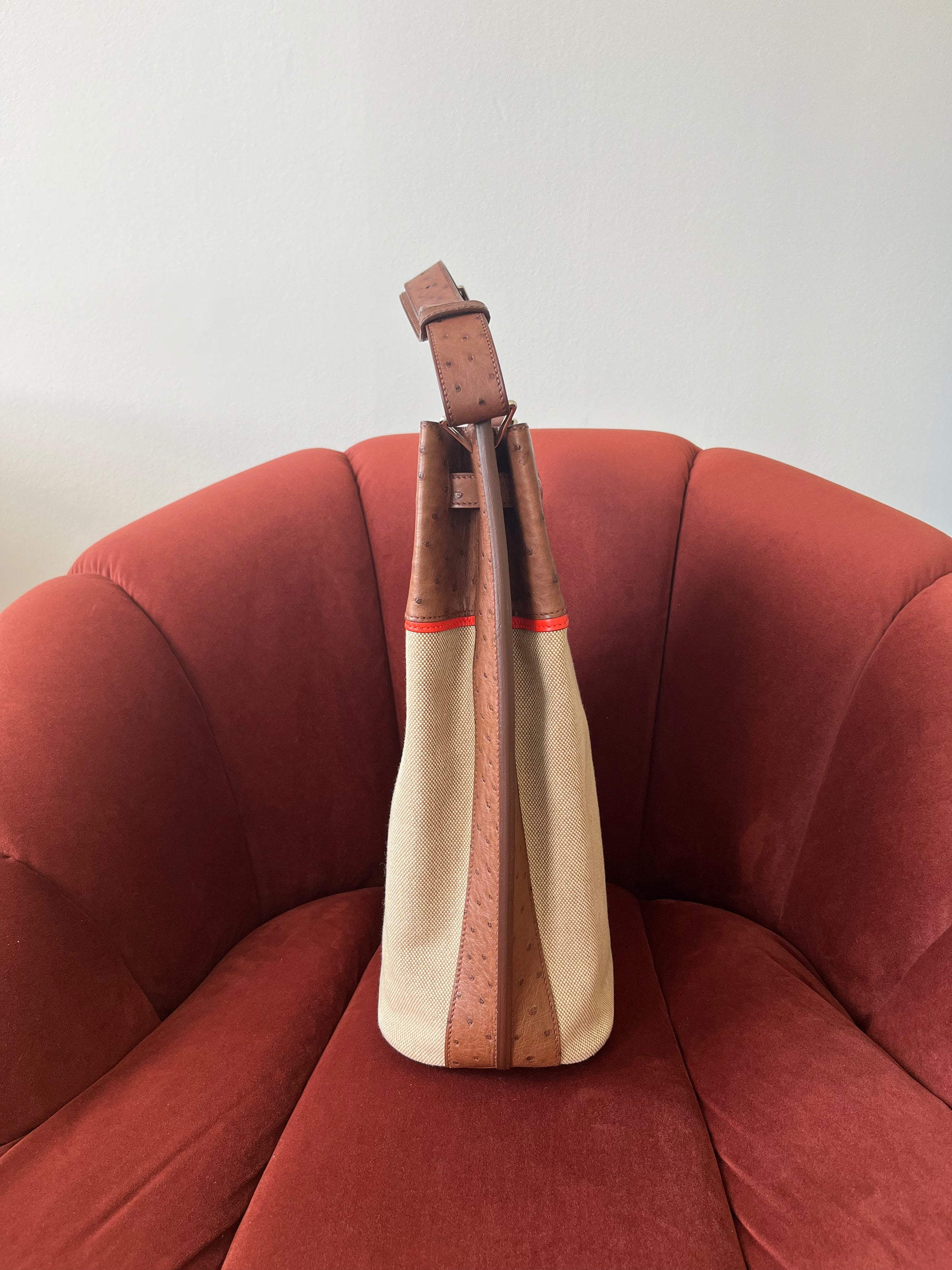 Hermès Limited Edition So Kelly 26 In Étrusque Ostrich &amp; Toile (2012)