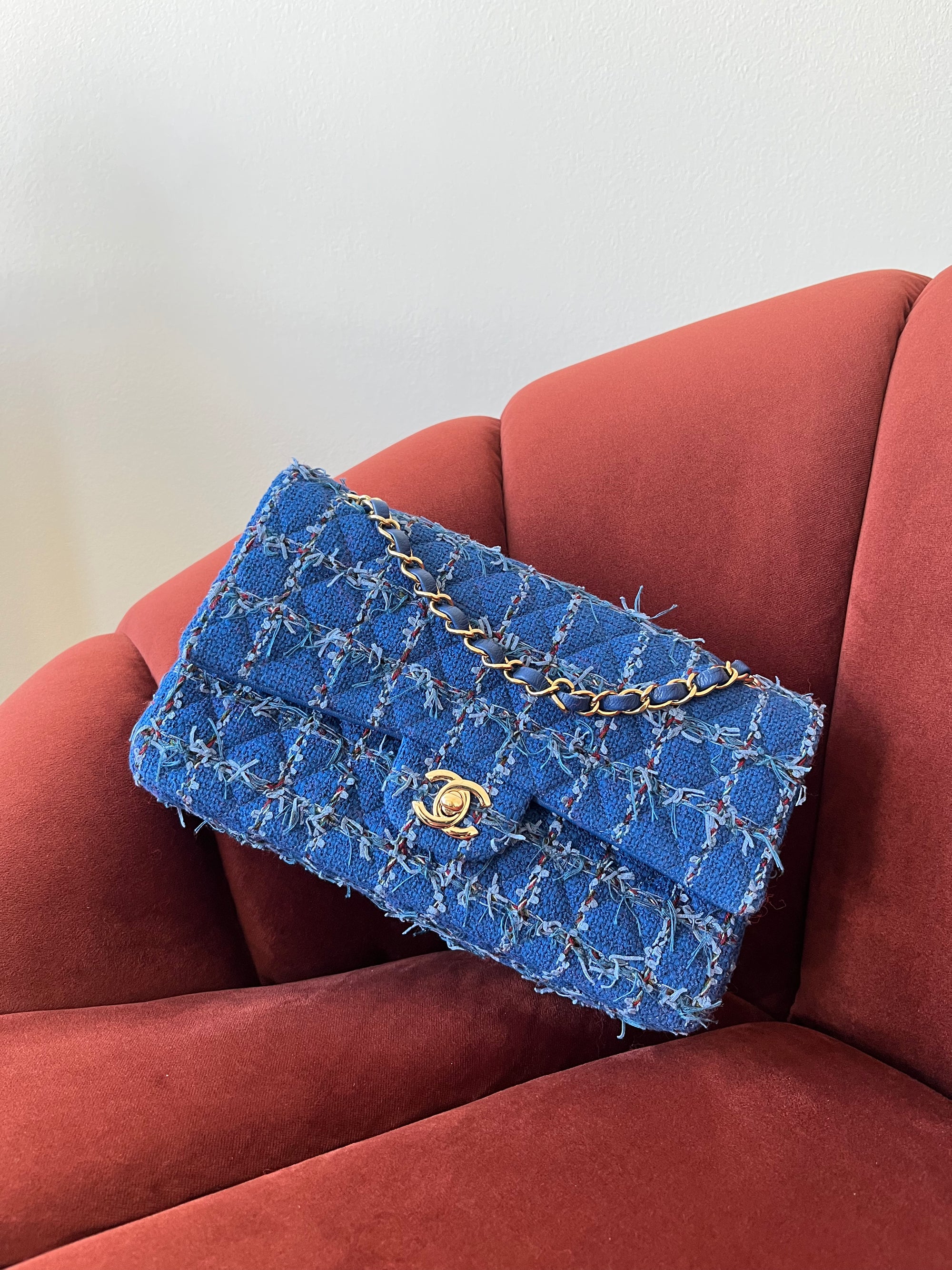 Chanel Classic Medium Double Flap In Blue Quilted Tweed (2023)