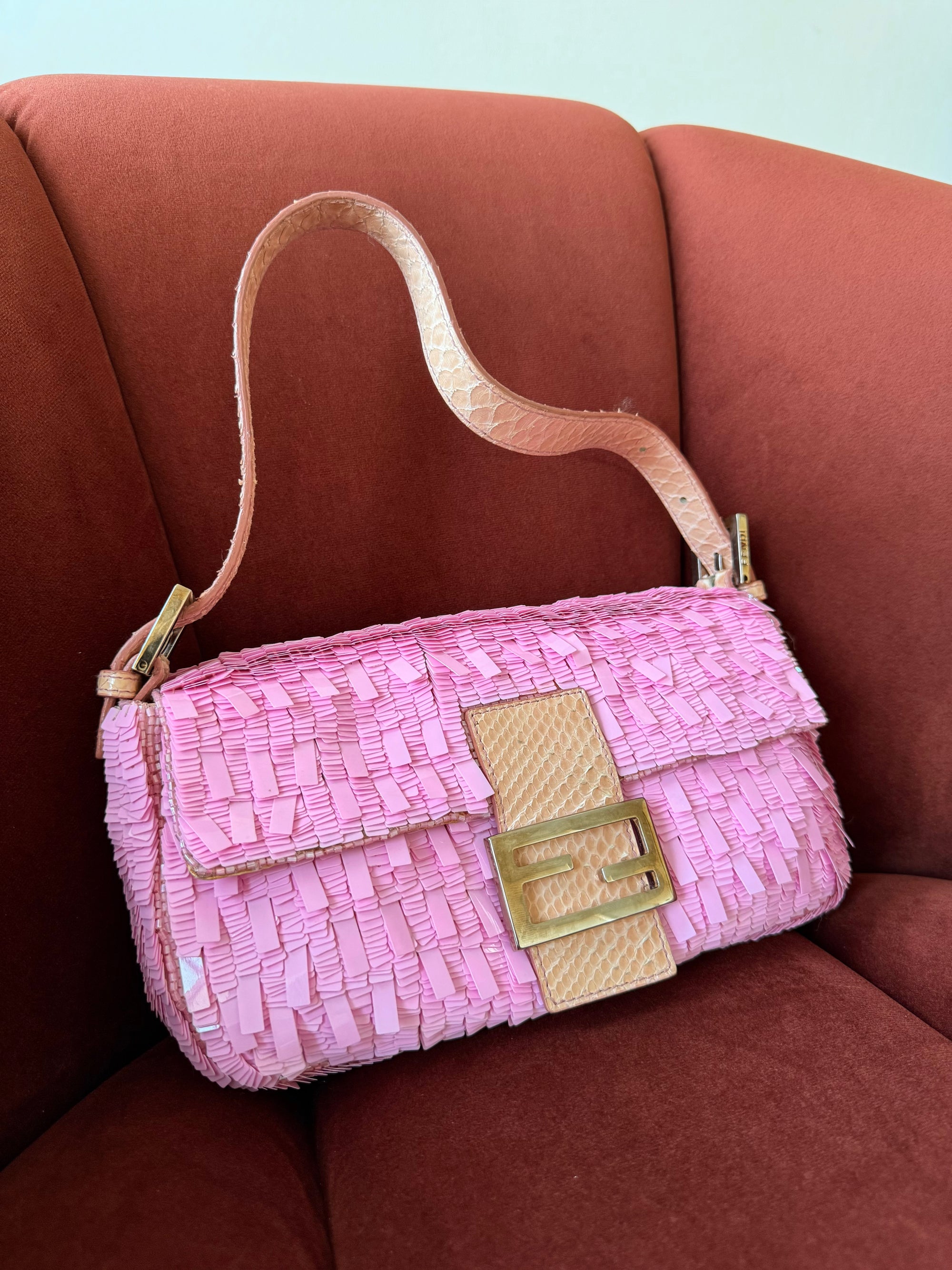 Fendi Vintage Pink Sequin Python Baguette