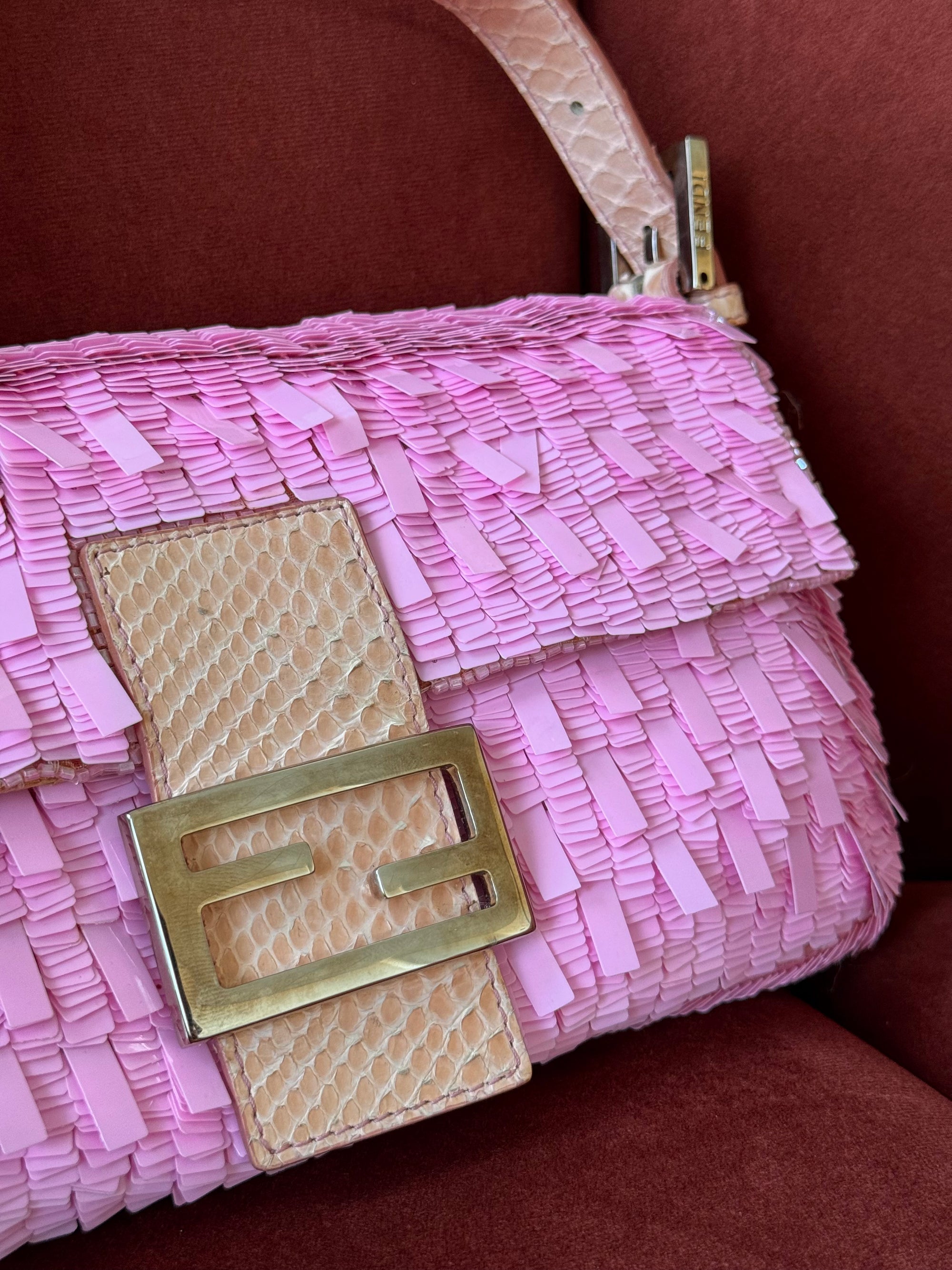 Fendi Vintage Pink Sequin Python Baguette