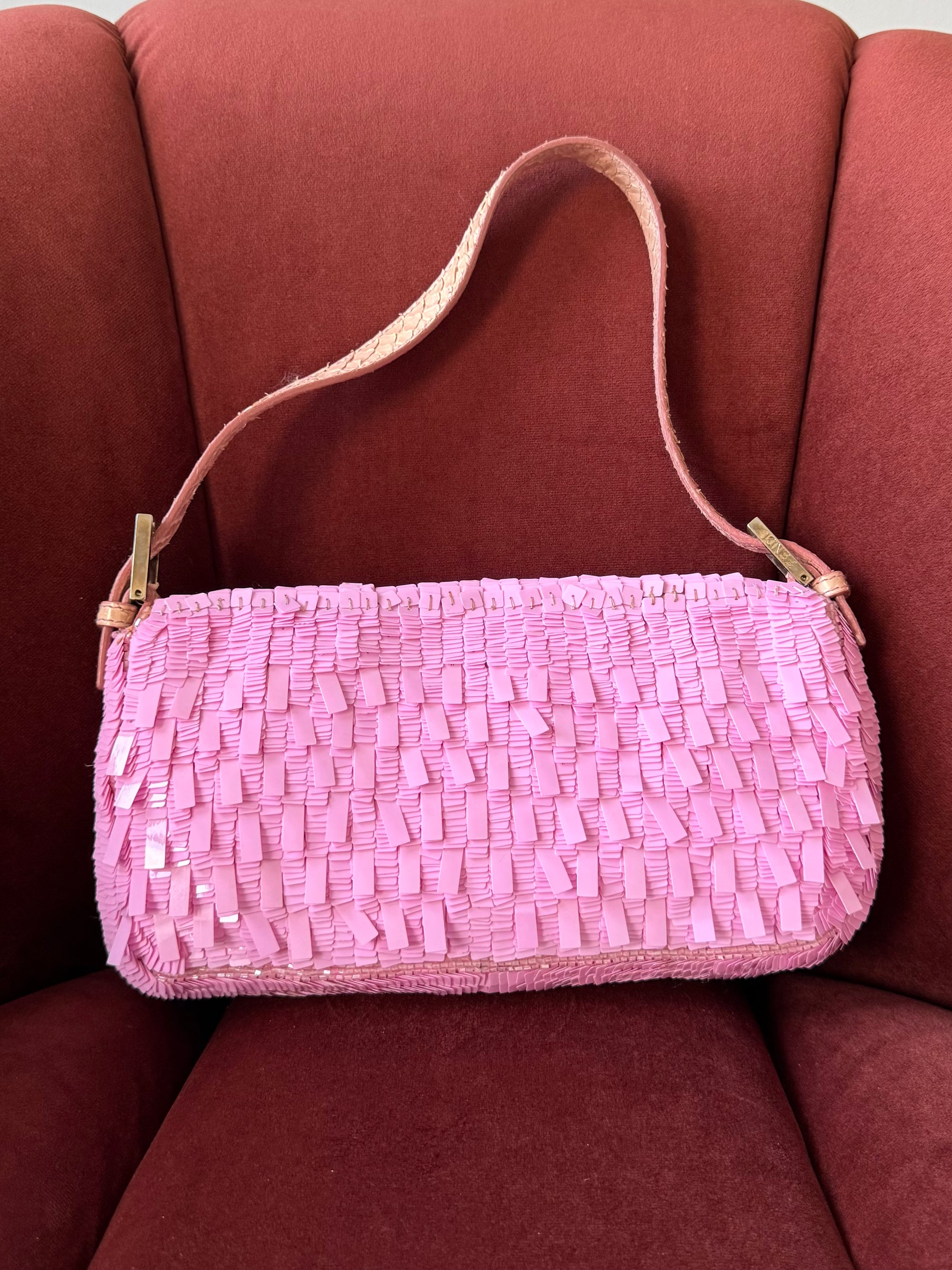 Fendi Vintage Pink Sequin Python Baguette