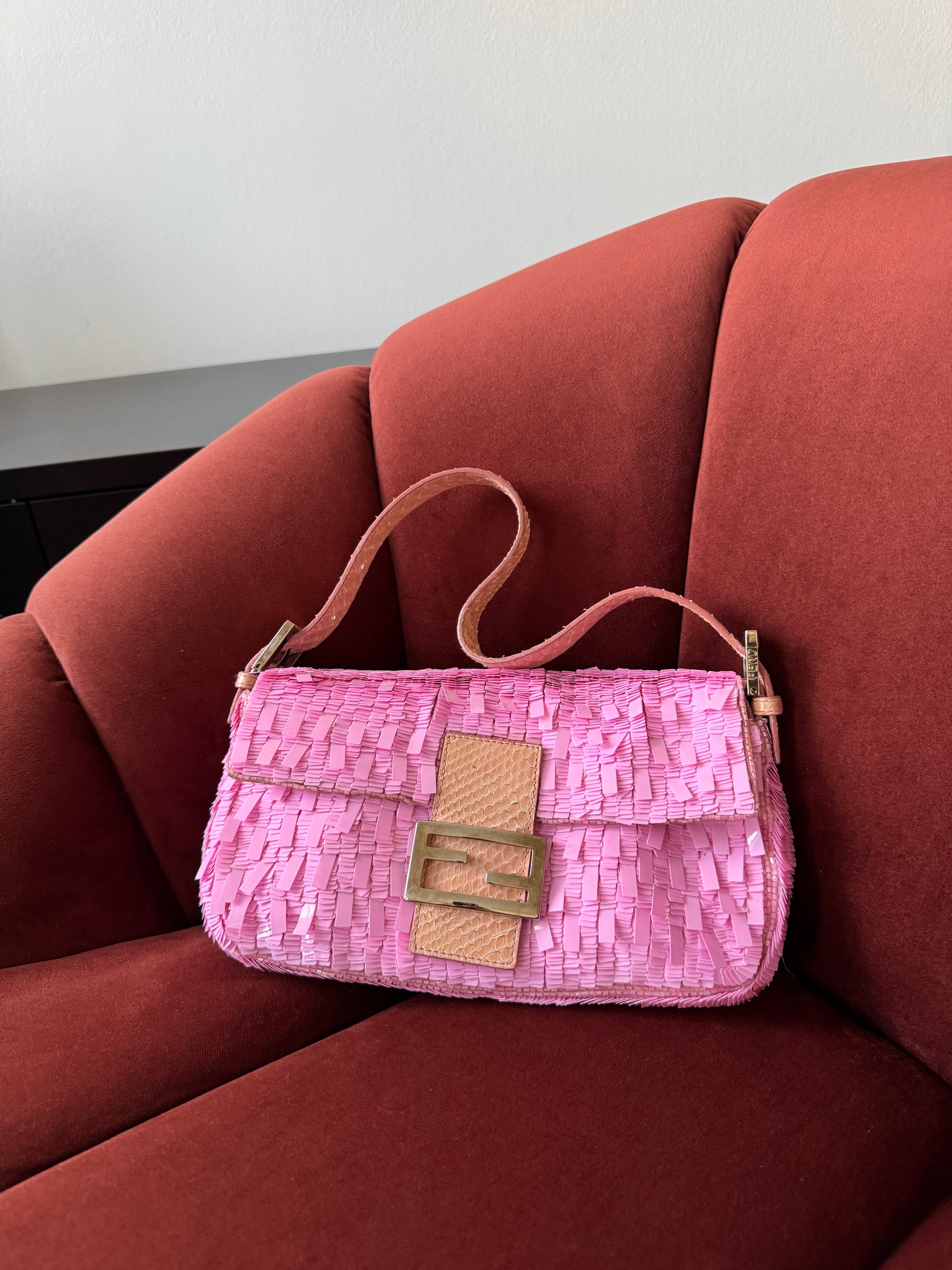 Fendi Vintage Pink Sequin Python Baguette