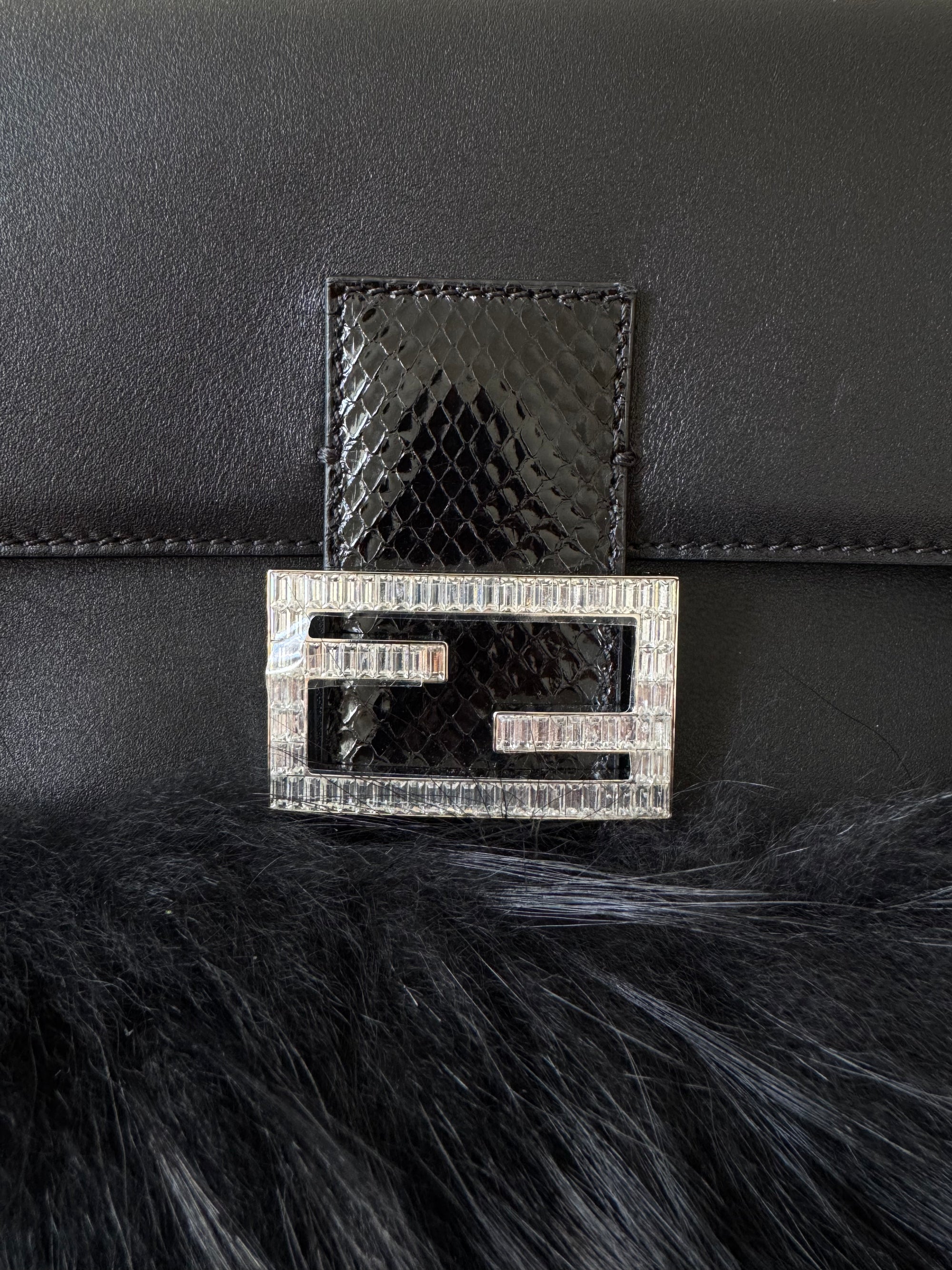 Fendi Fox Fur Crystal Embellished Python Trim Baguette (2026)