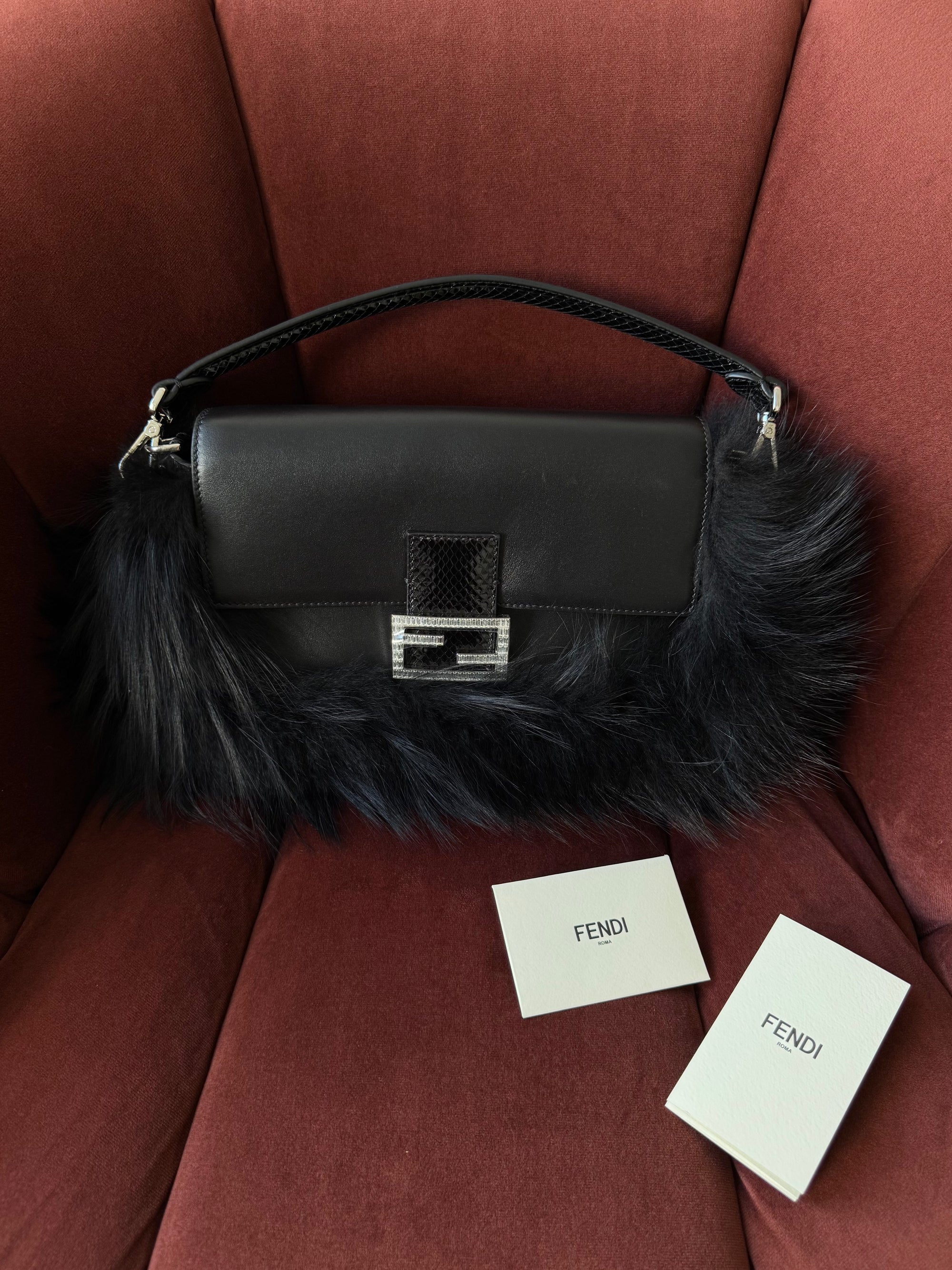 Fendi Fox Fur Crystal Embellished Python Trim Baguette (2026)