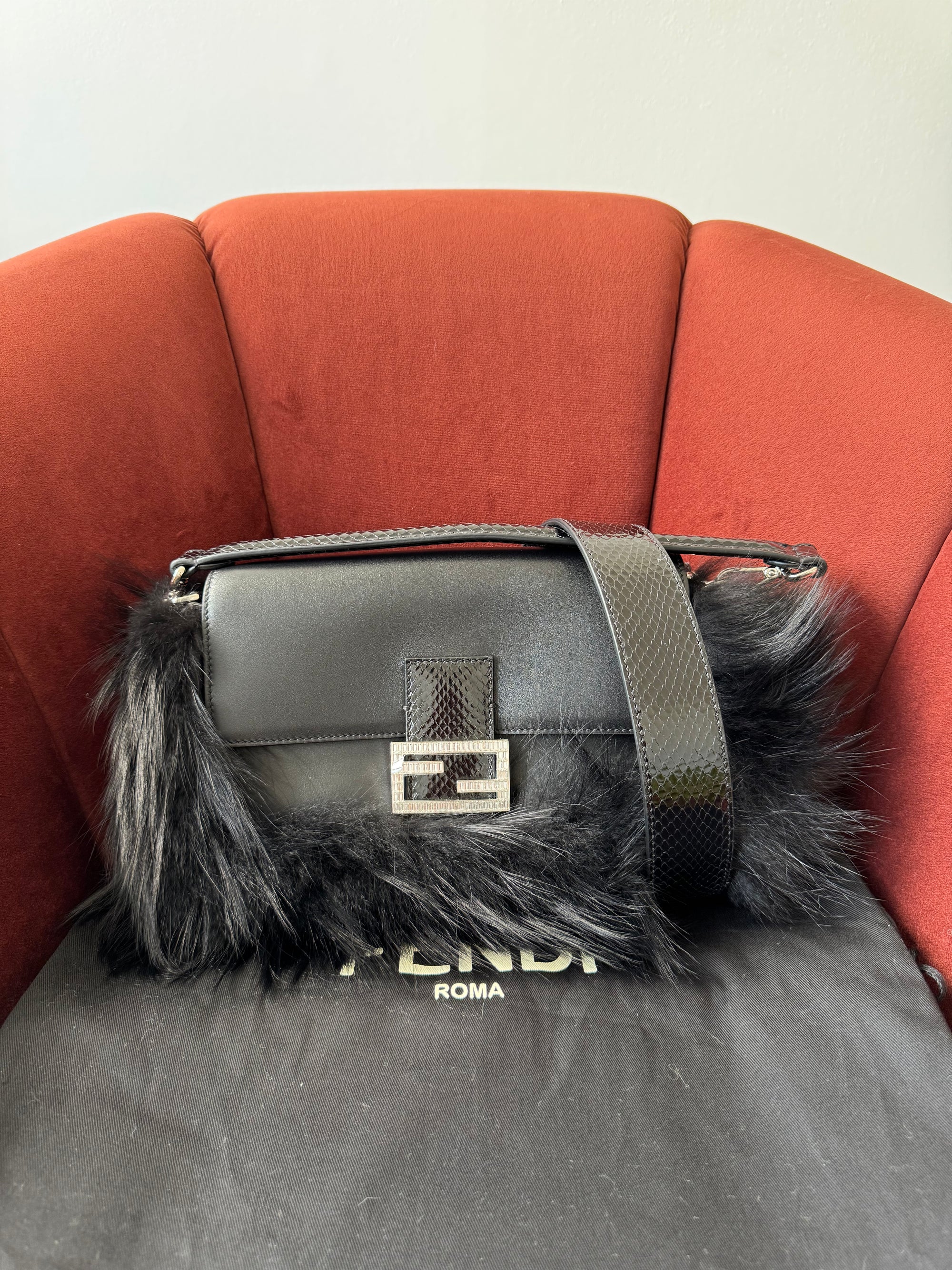 Fendi Fox Fur Crystal Embellished Python Trim Baguette (2026)