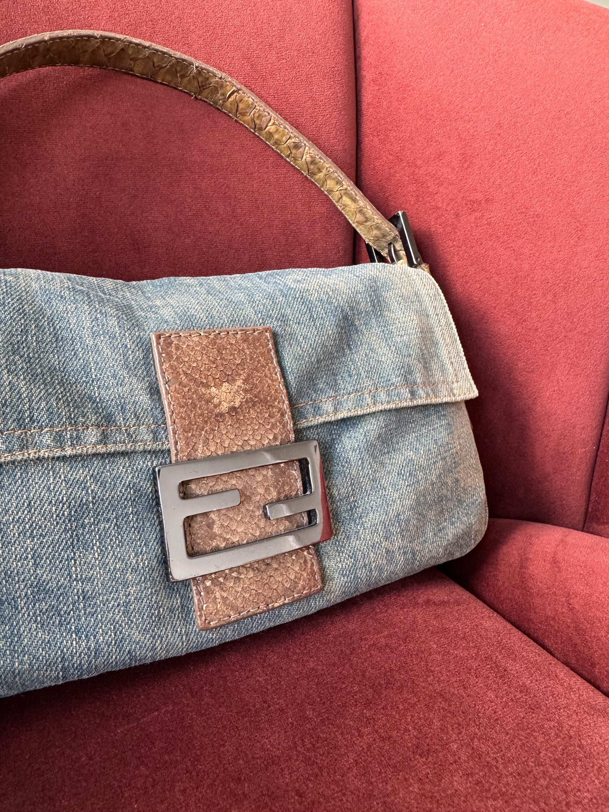 Fendi Vintage Python Trim Denim Baguette