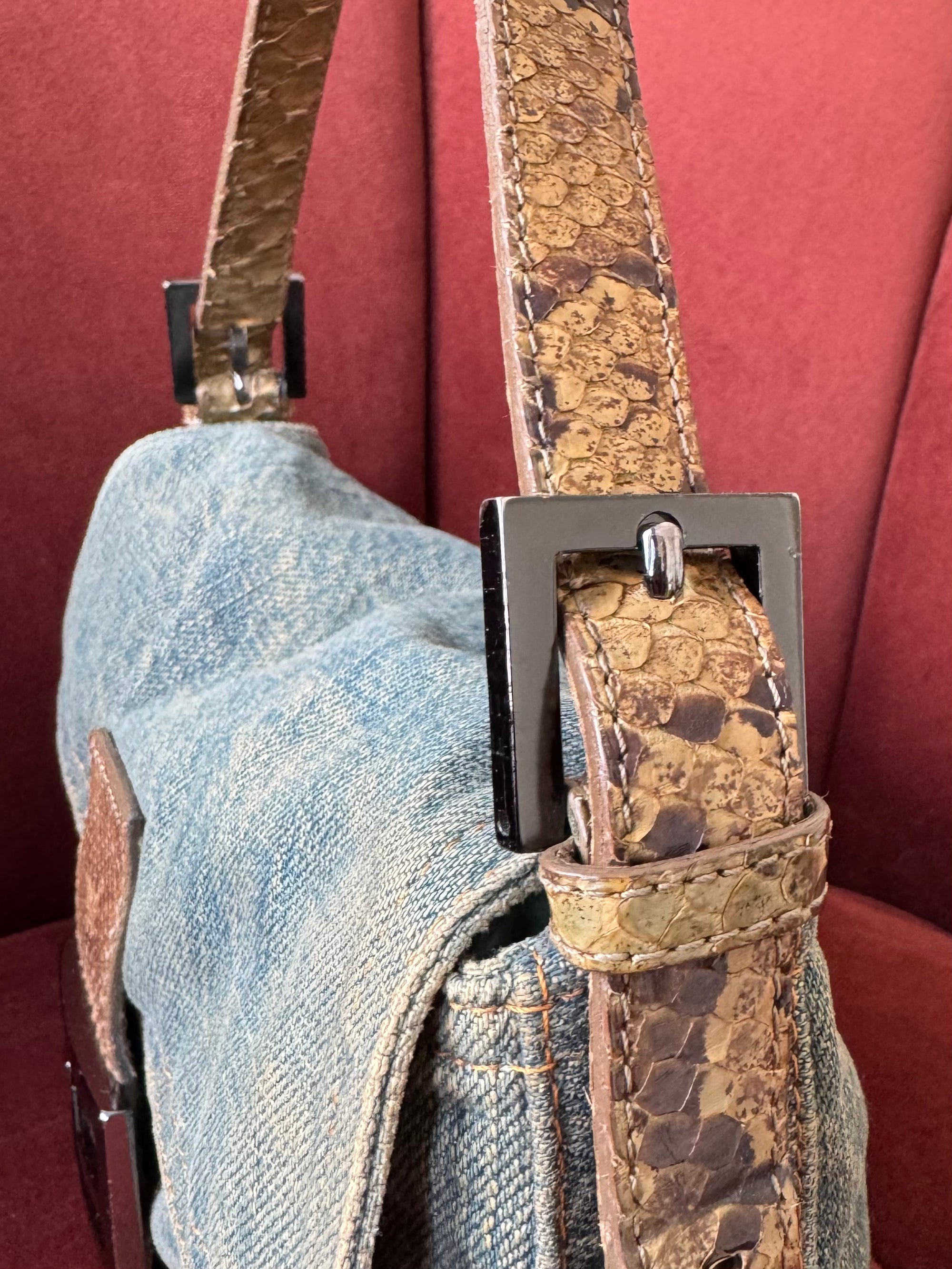 Fendi Vintage Python Trim Denim Baguette