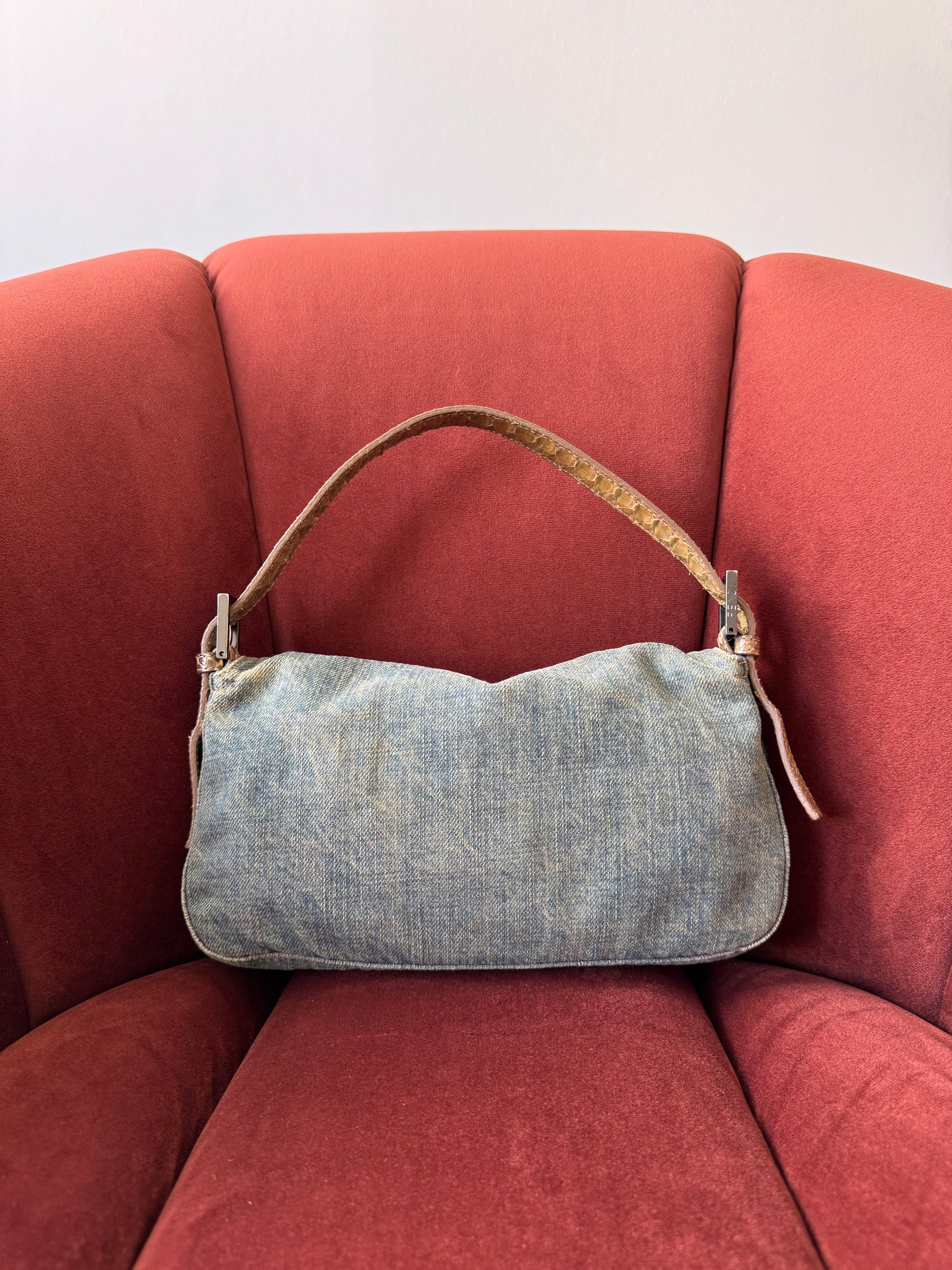 Fendi Vintage Python Trim Denim Baguette