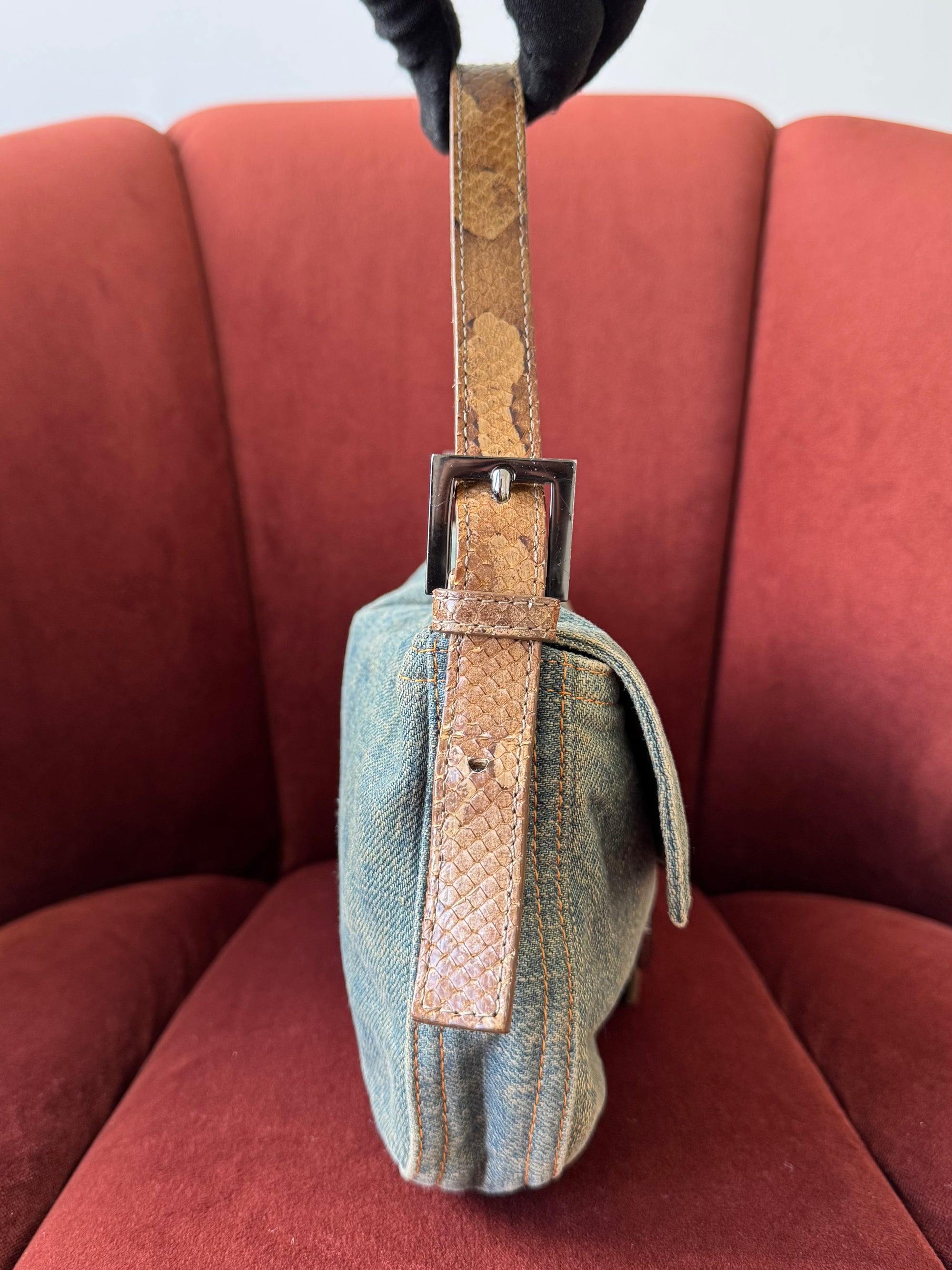 Fendi Vintage Python Trim Denim Baguette