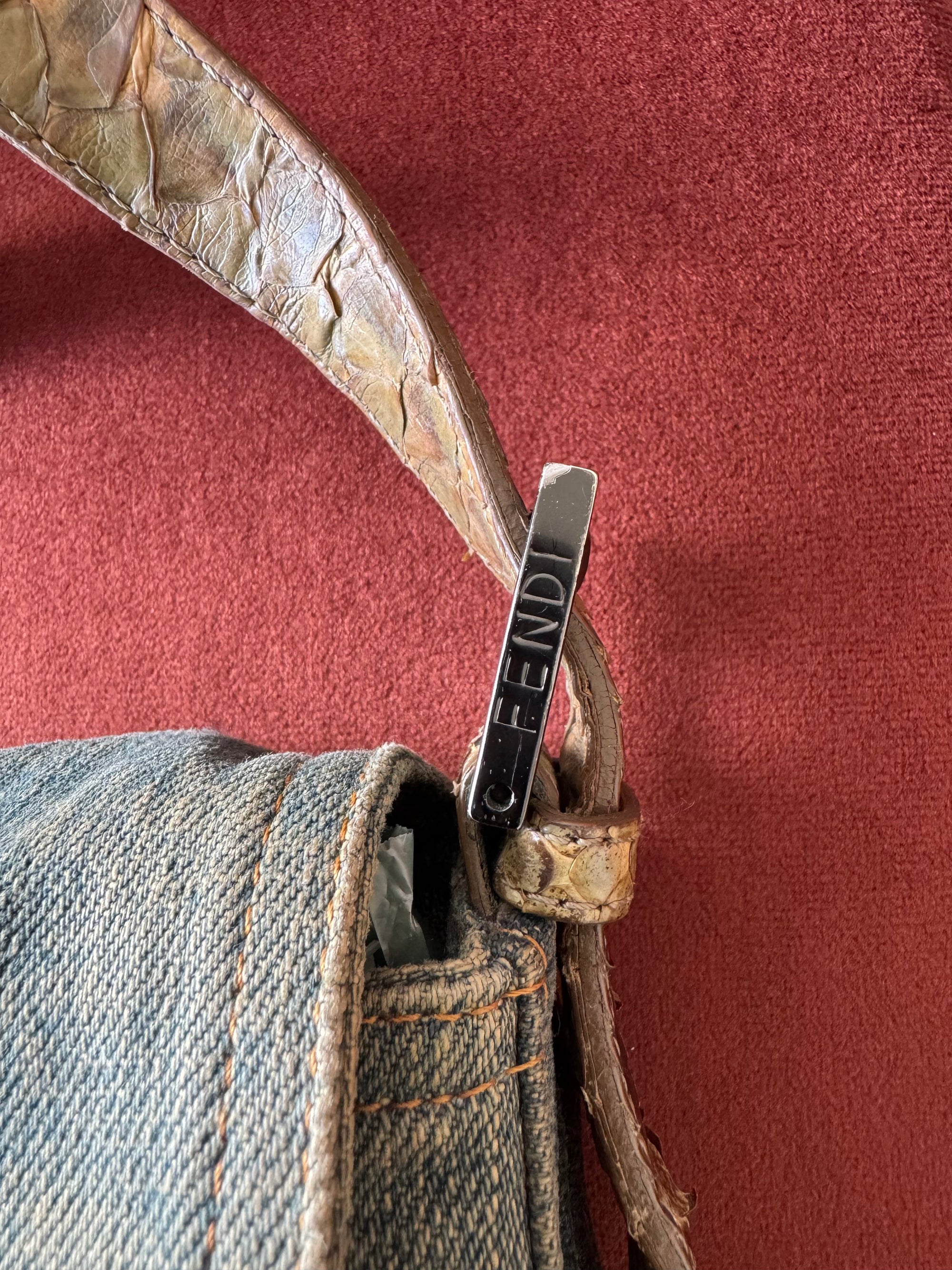 Fendi Vintage Python Trim Denim Baguette