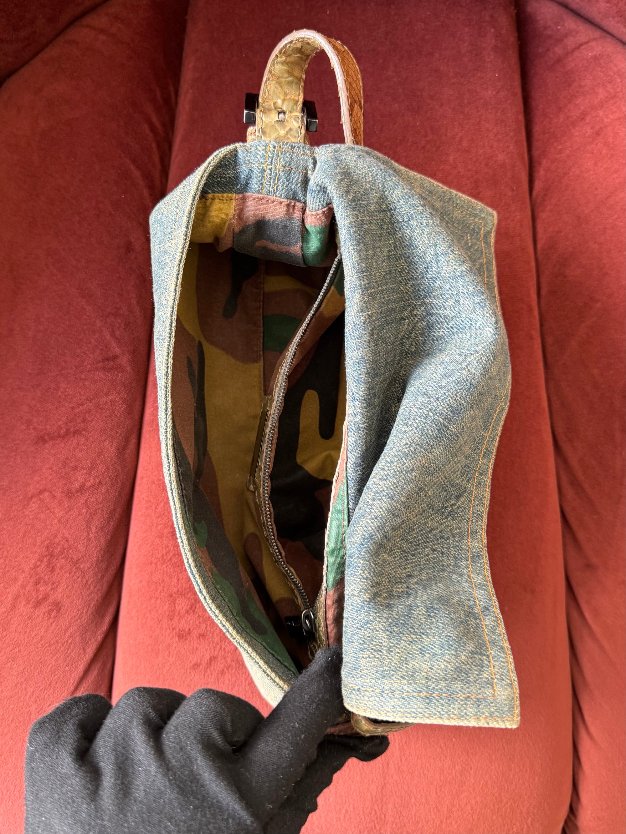 Fendi Vintage Python Trim Denim Baguette