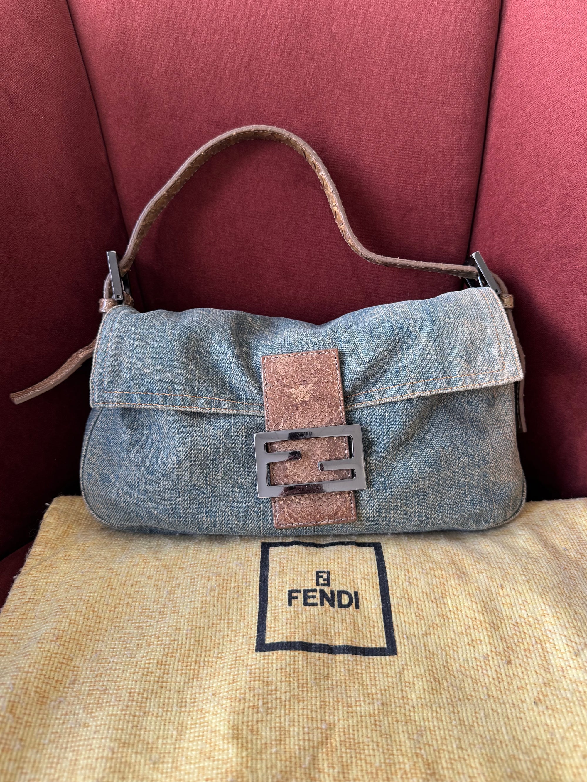 Fendi Vintage Python Trim Denim Baguette