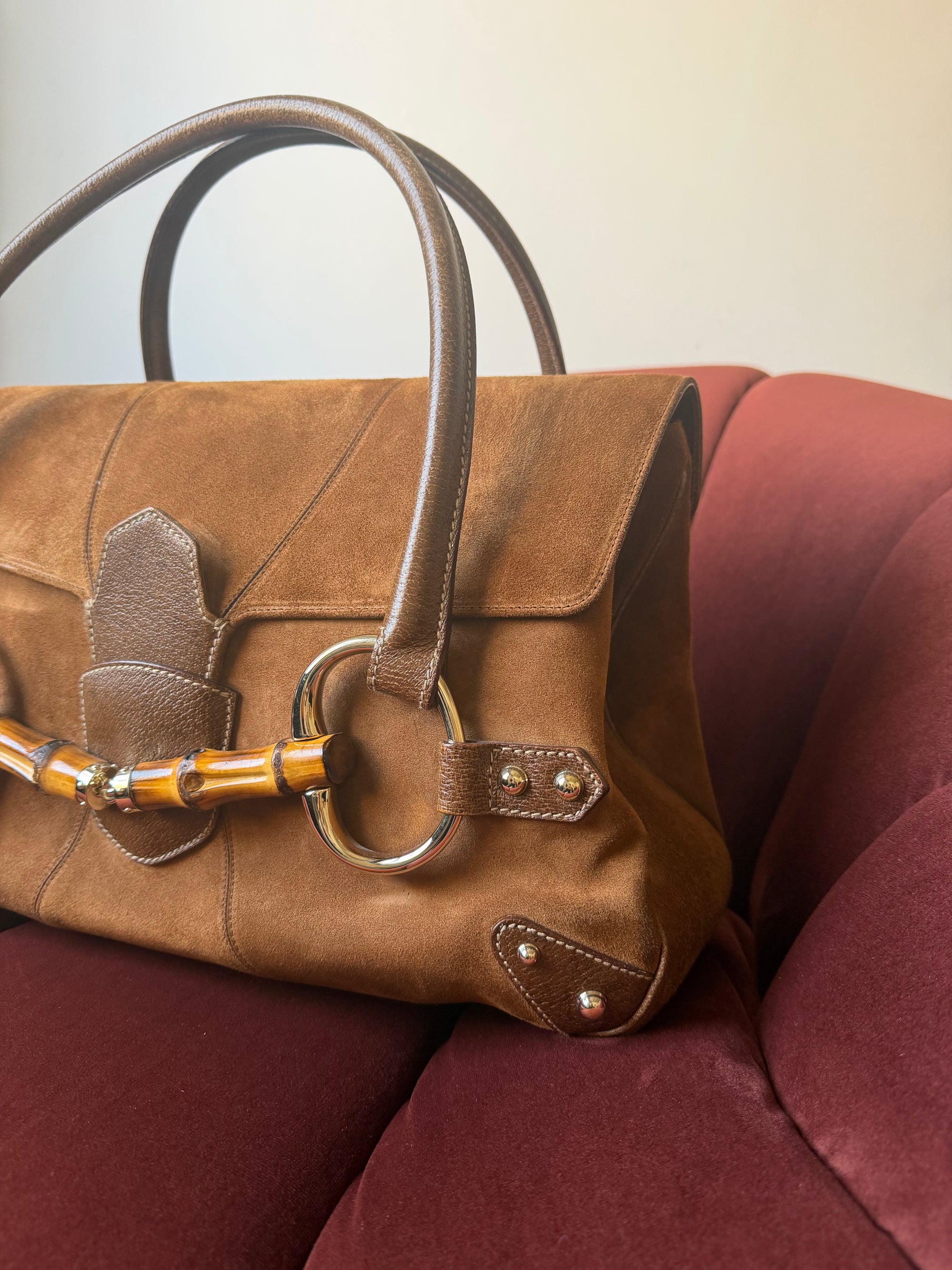 Gucci by Tom Ford Bamboo Horsebit Shopper In Brown Suede (2006)
