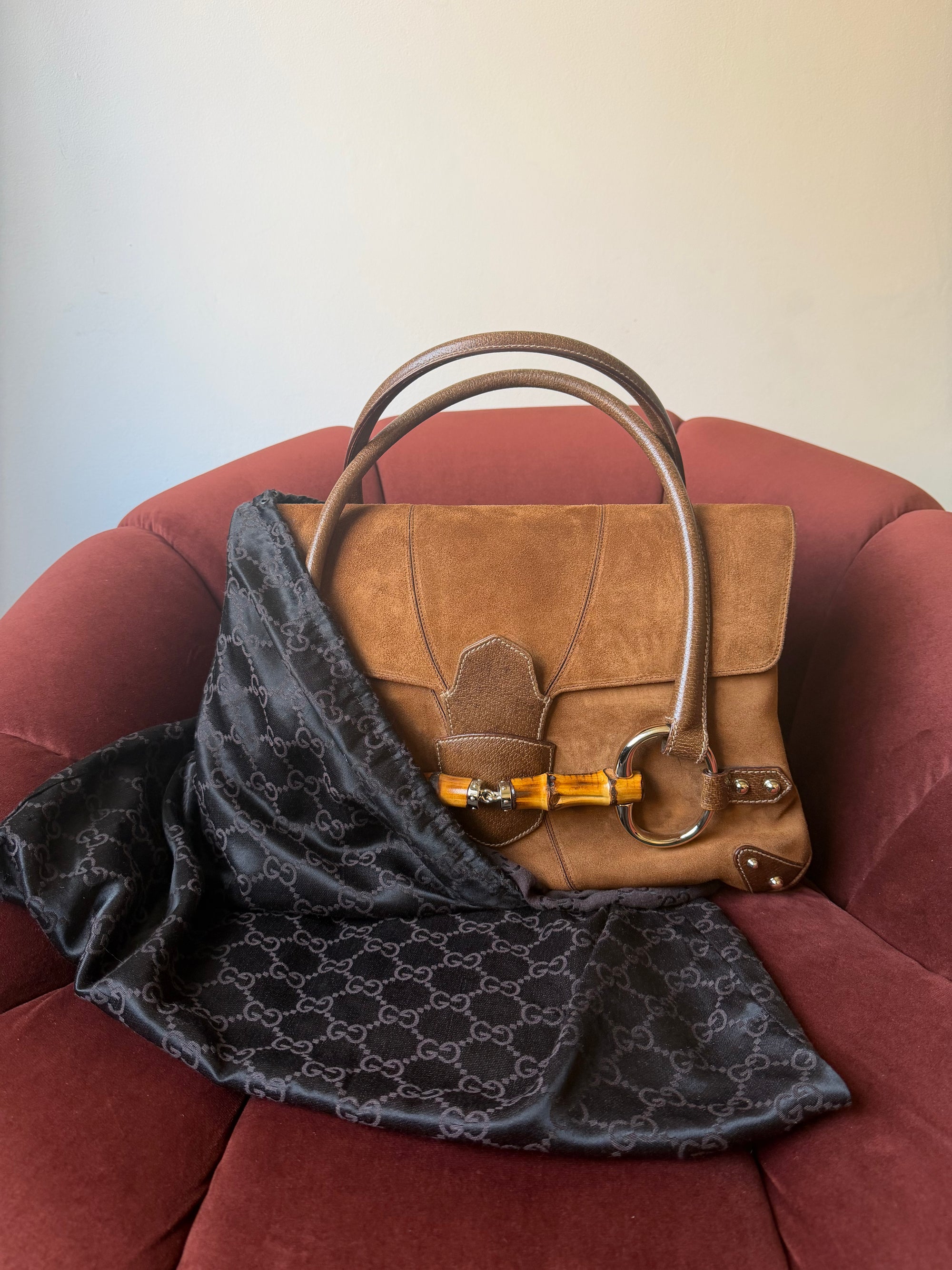Gucci by Tom Ford Bamboo Horsebit Shopper In Brown Suede (2006)