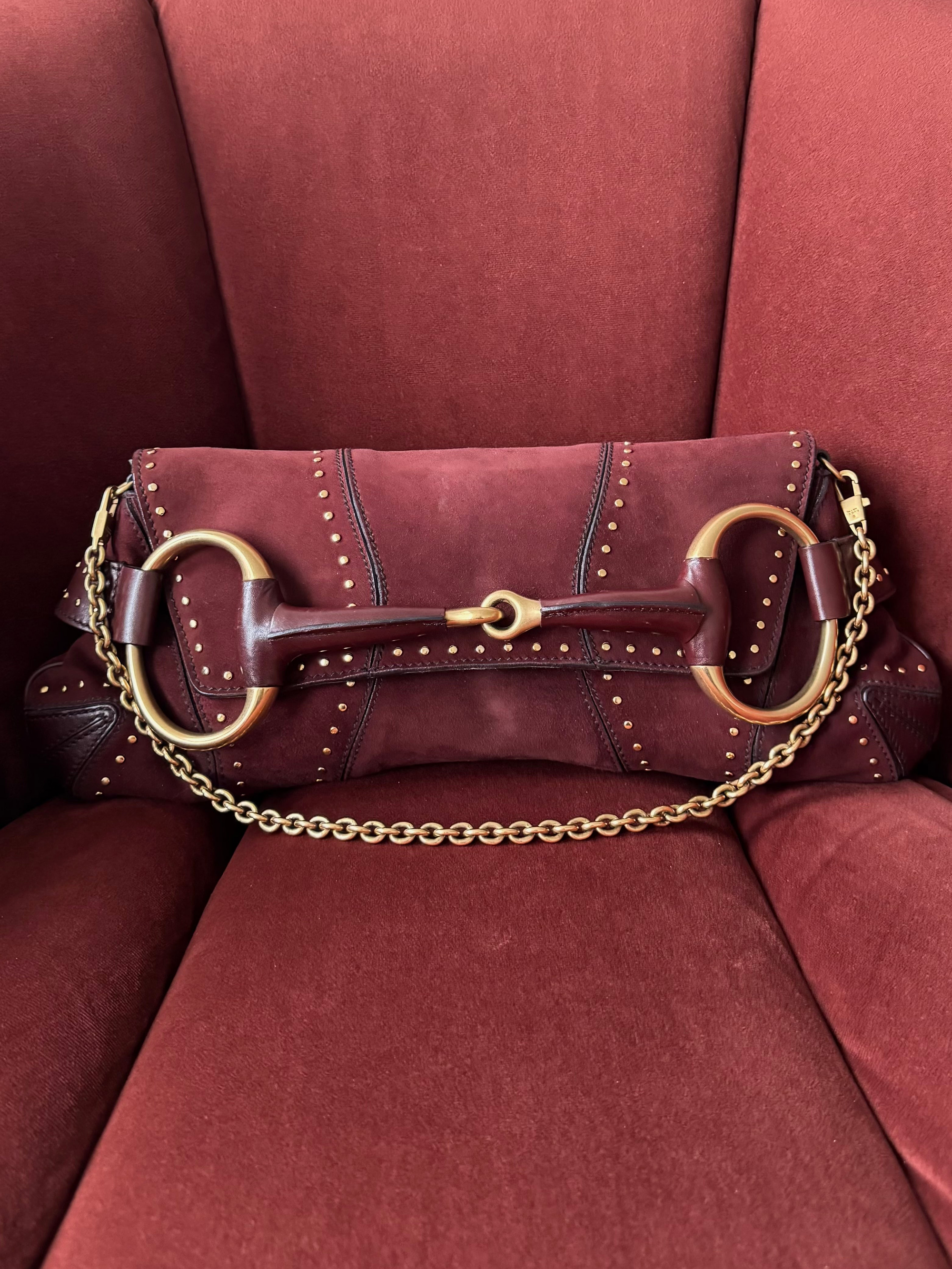 Gucci Vintage Studded Horsebit Clutch In Burgundy Suede