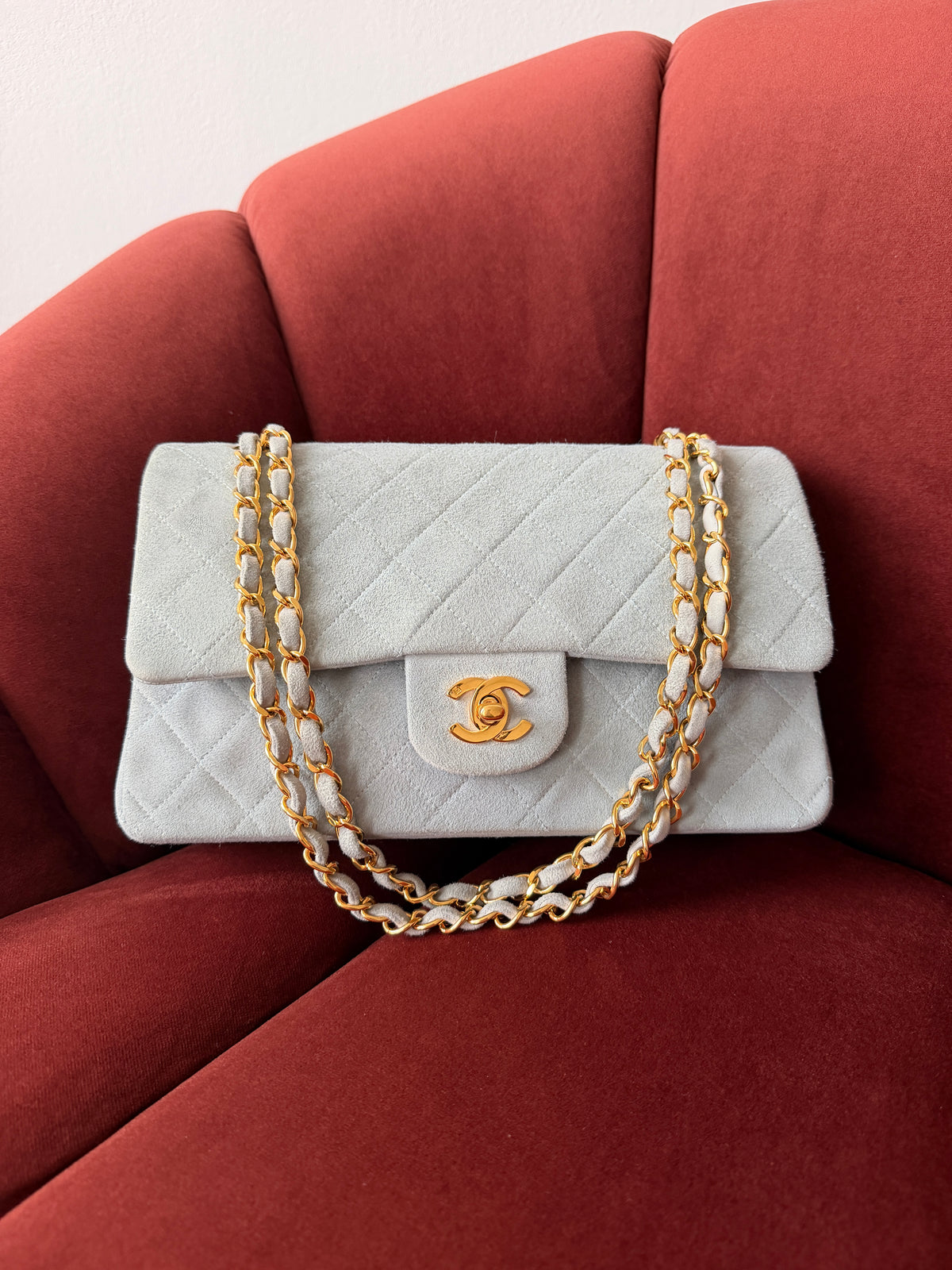 Chanel Medium Classic Double Flap In Duck Egg Blue Suede (1991-1994)