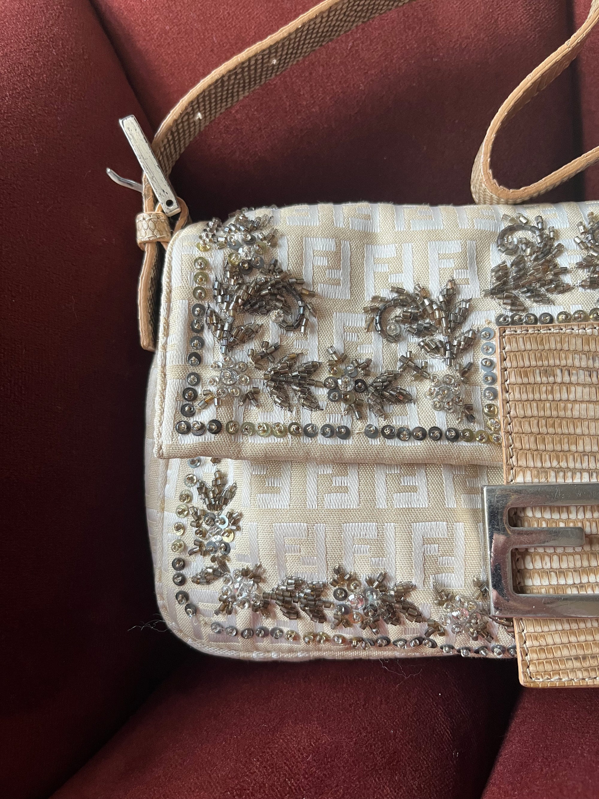 Fendi Vintage Embroidered Floral Sequin Zucca Baguette