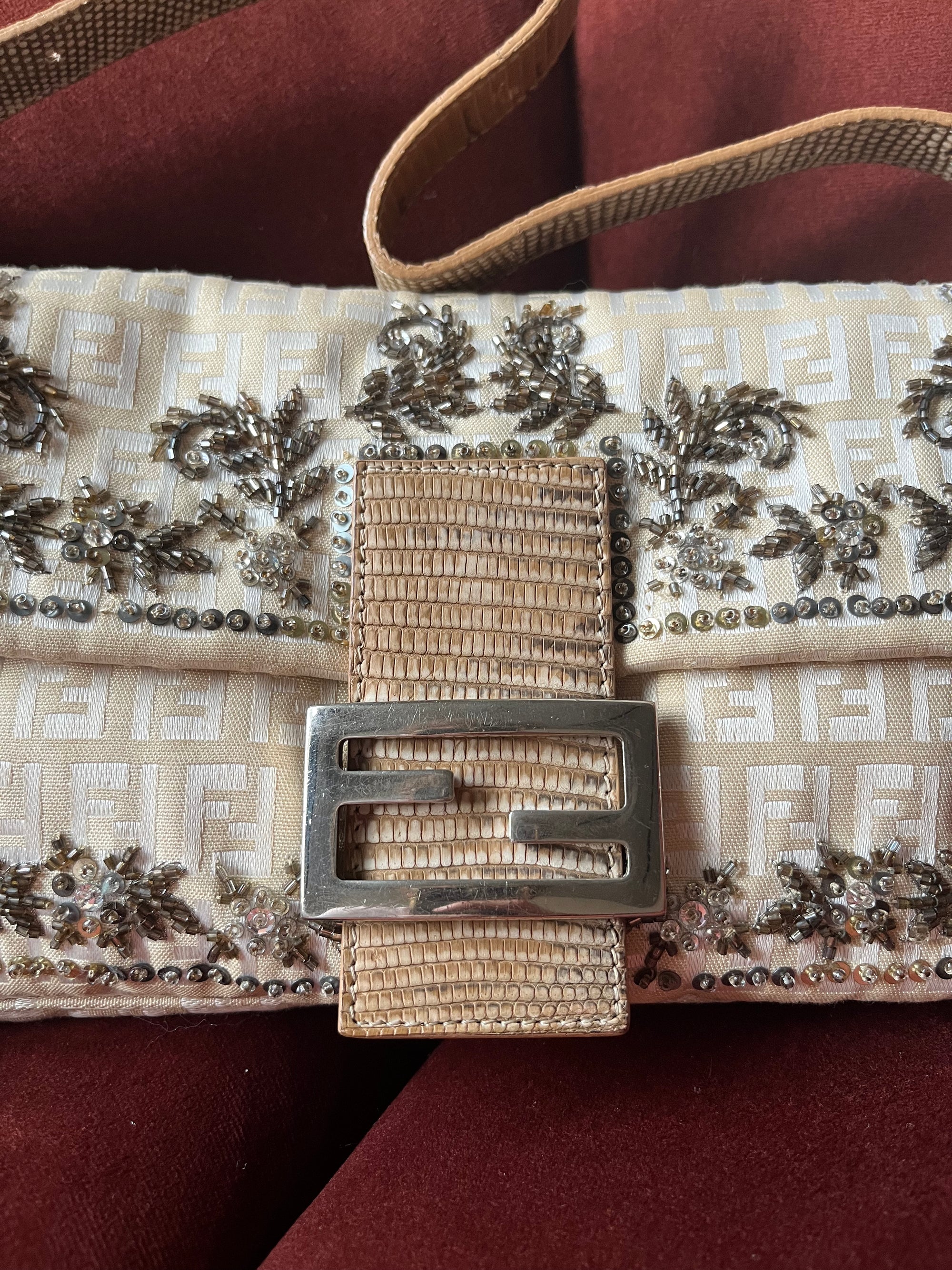 Fendi Vintage Embroidered Floral Sequin Zucca Baguette
