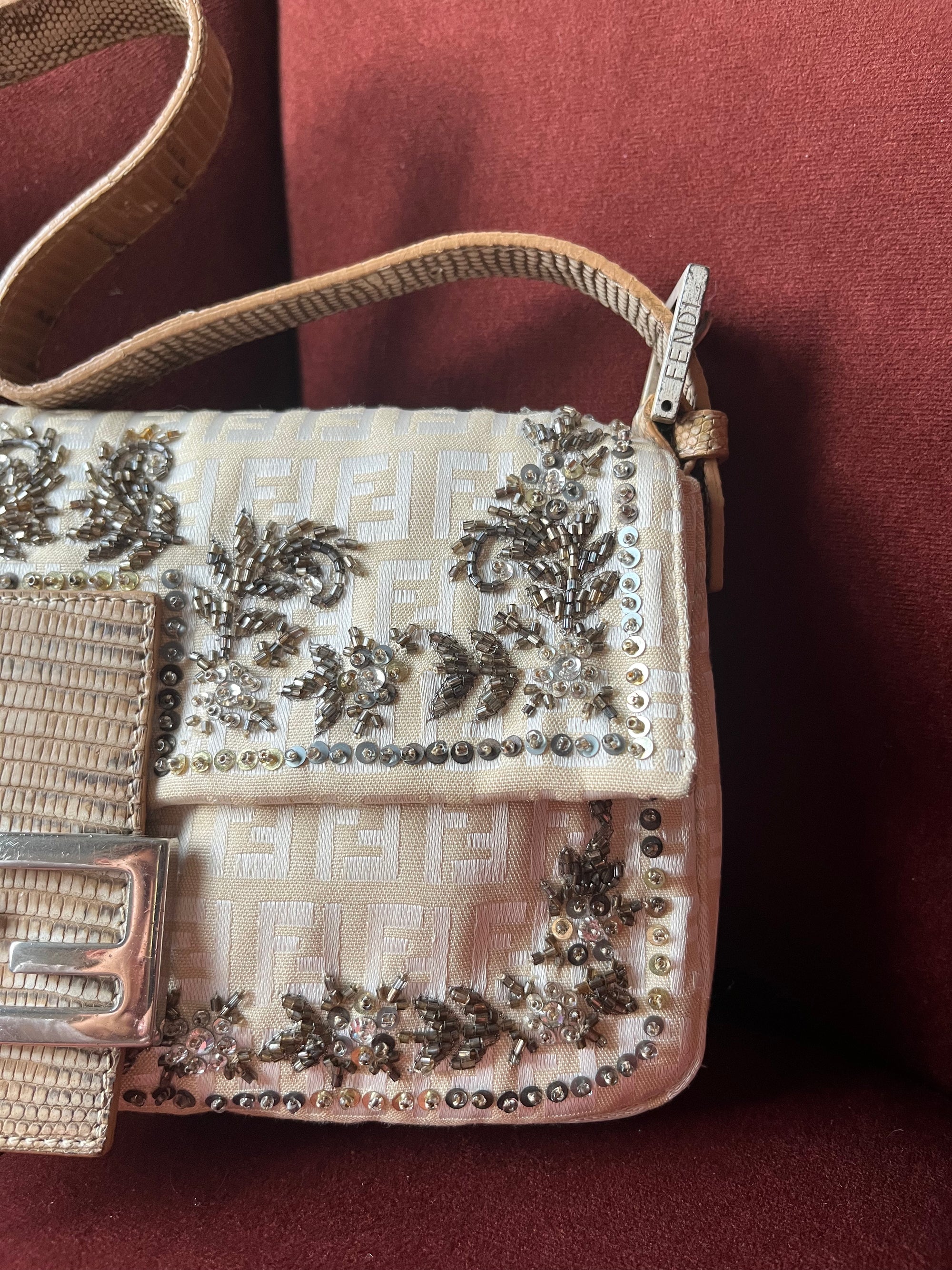 Fendi Vintage Embroidered Floral Sequin Zucca Baguette