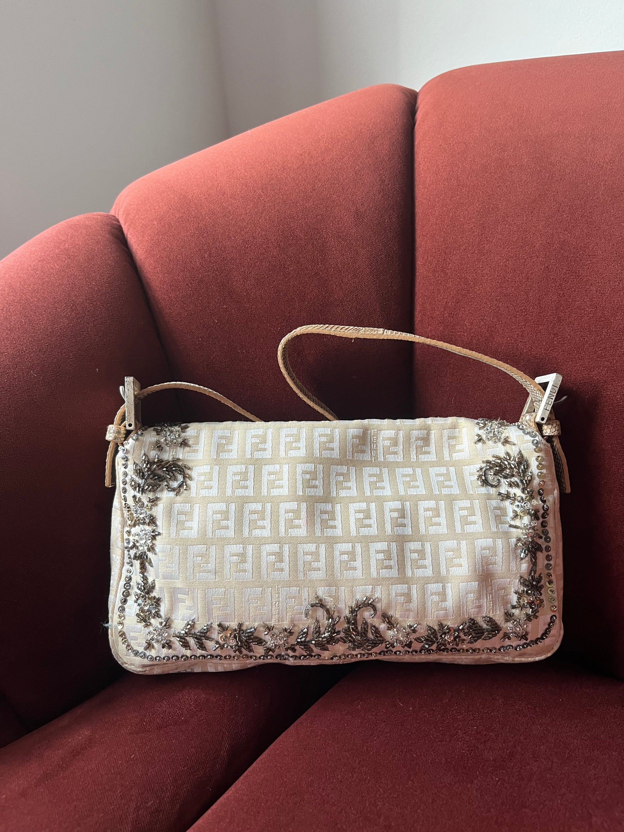 Fendi Vintage Embroidered Floral Sequin Zucca Baguette