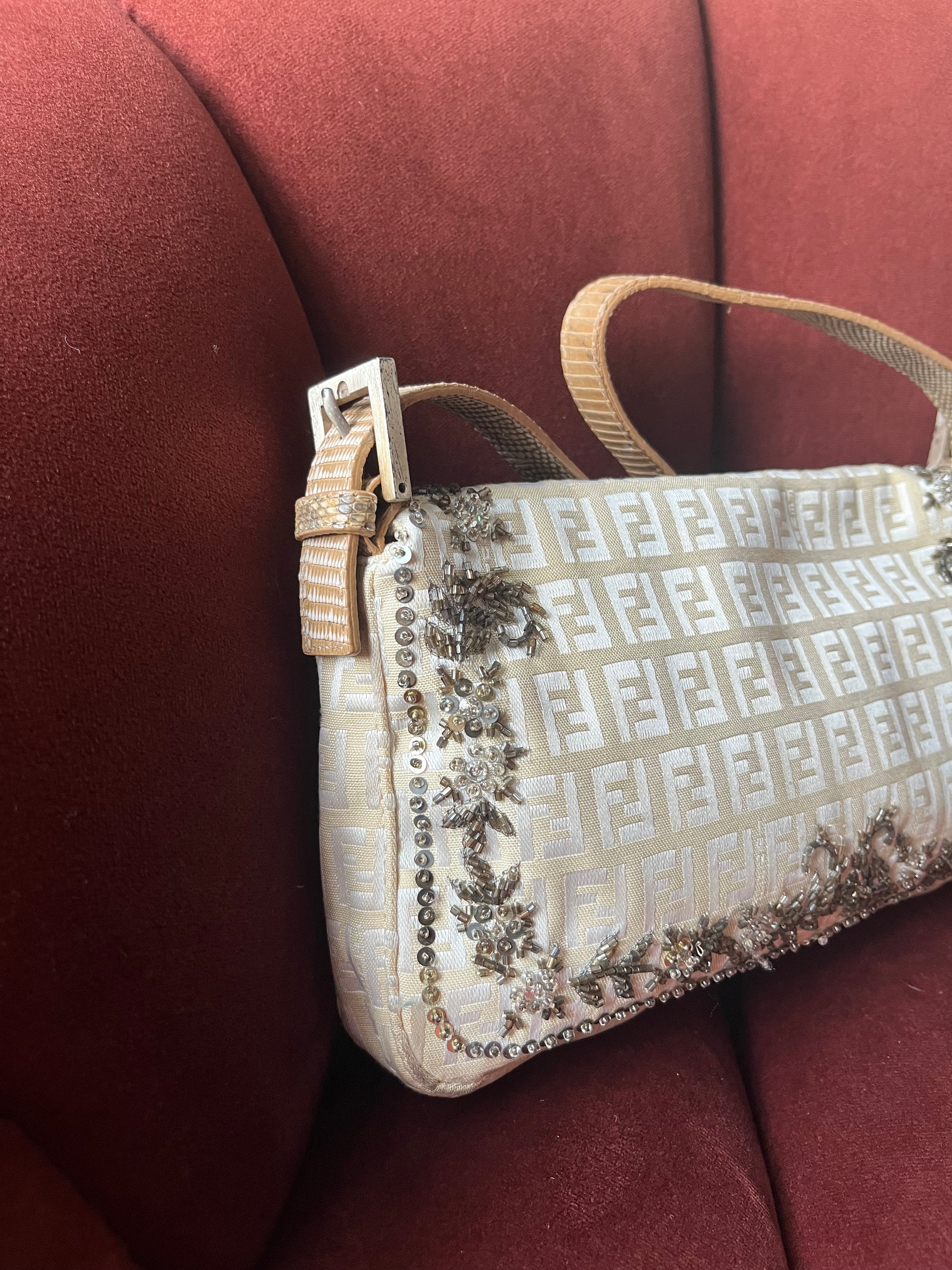 Fendi Vintage Embroidered Floral Sequin Zucca Baguette
