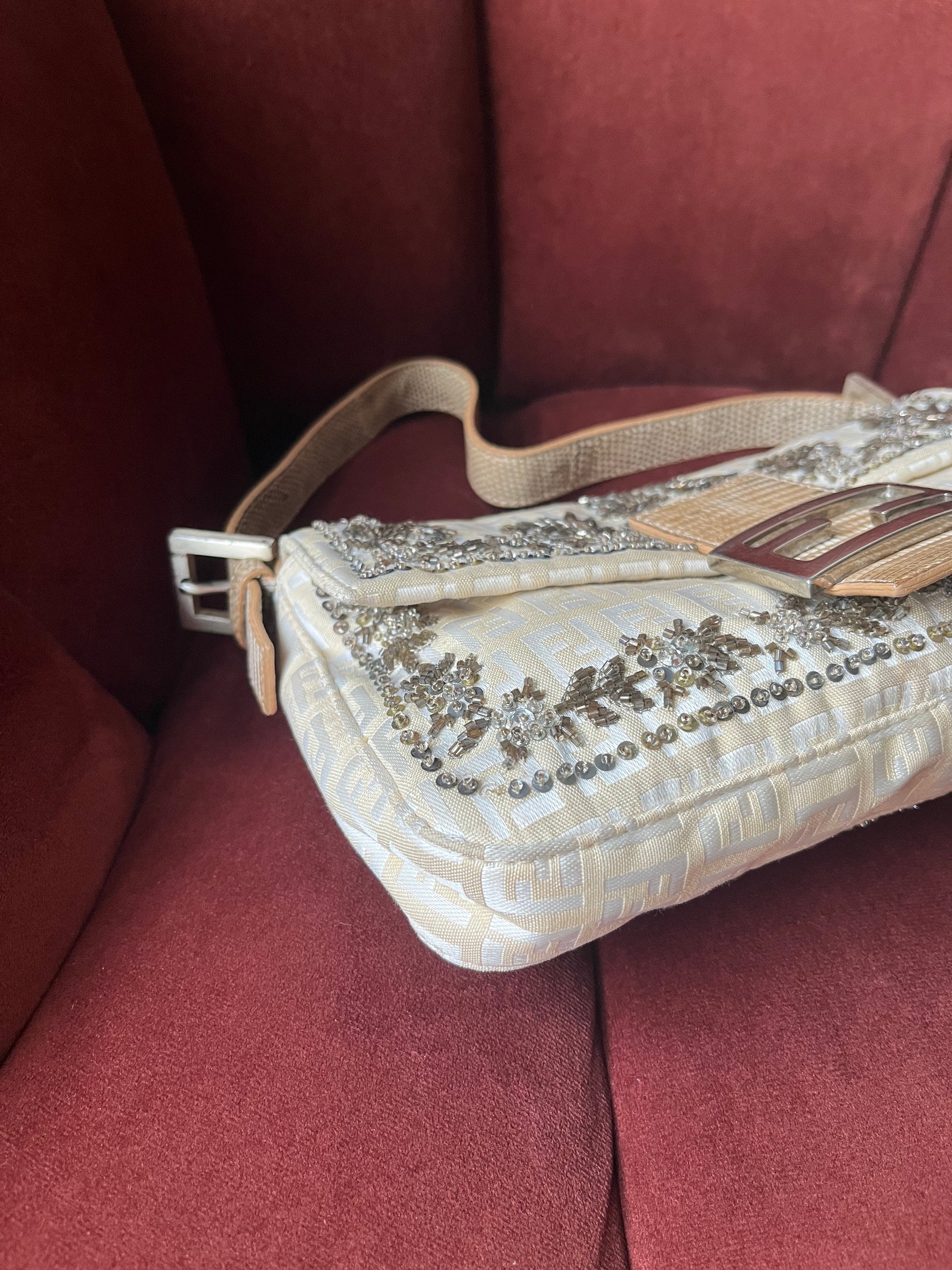 Fendi Vintage Embroidered Floral Sequin Zucca Baguette