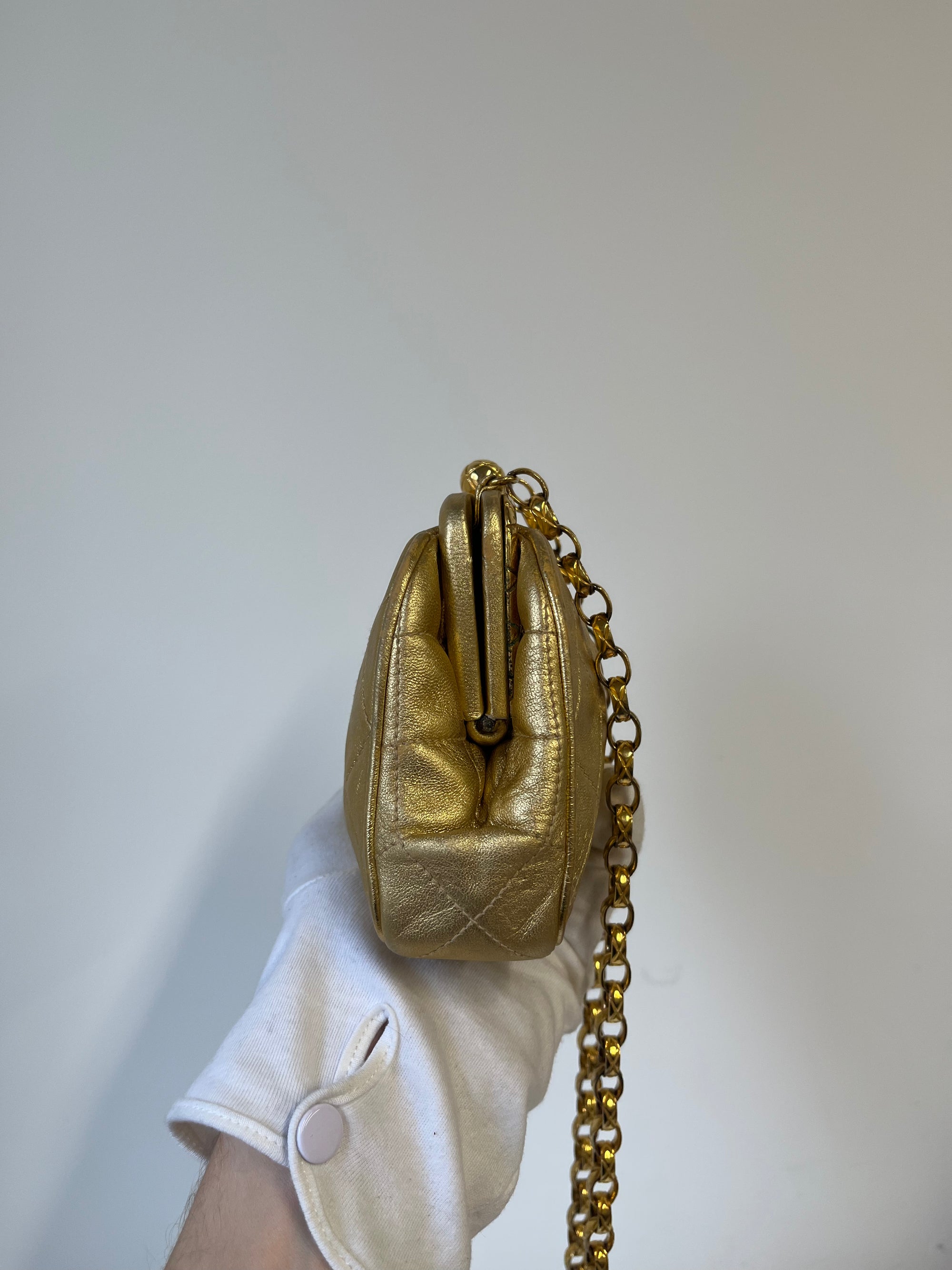 Chanel Vintage CC Metallic Gold Kiss Lock With Bijoux Chain (1989-1991)