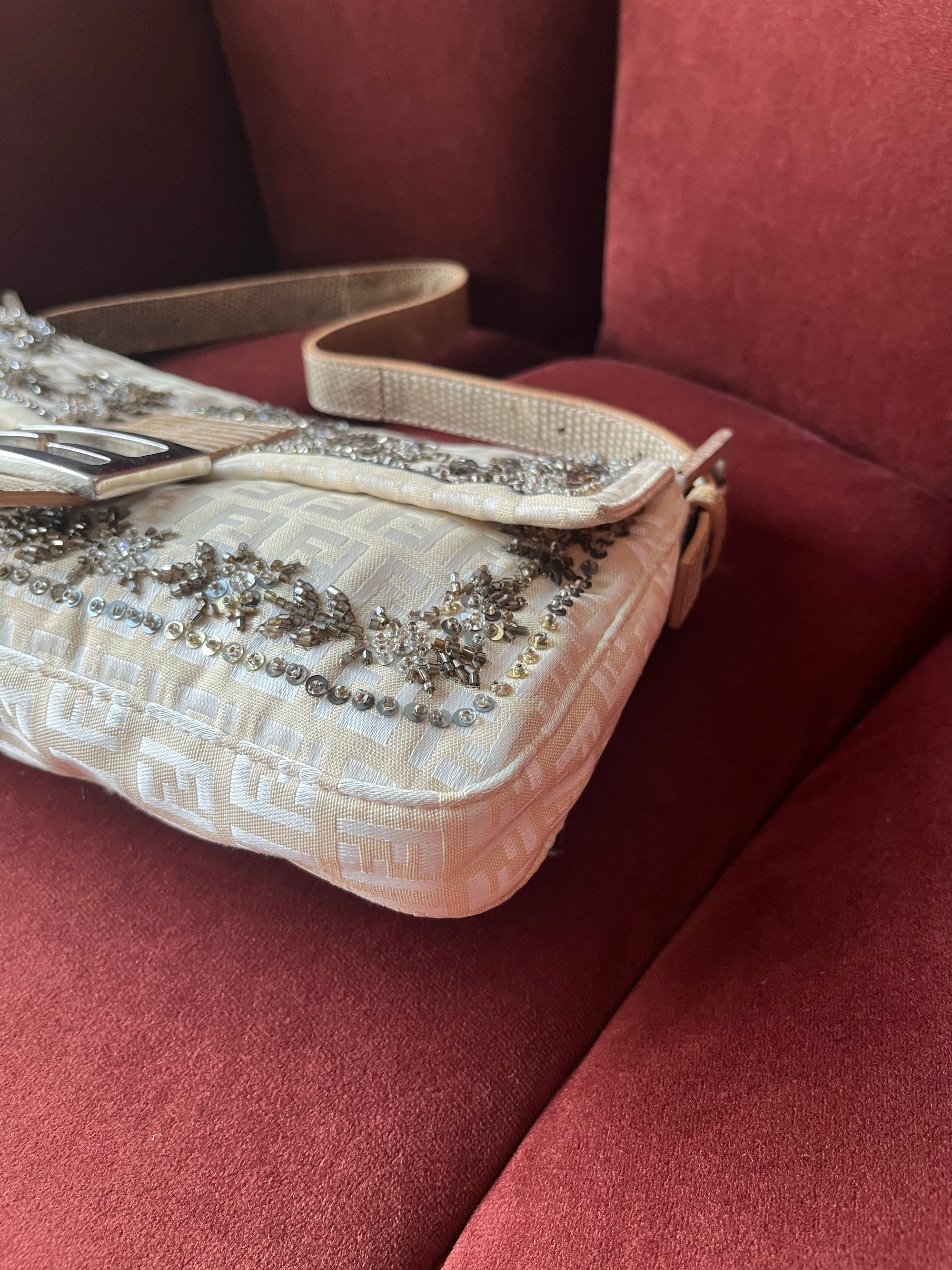 Fendi Vintage Embroidered Floral Sequin Zucca Baguette