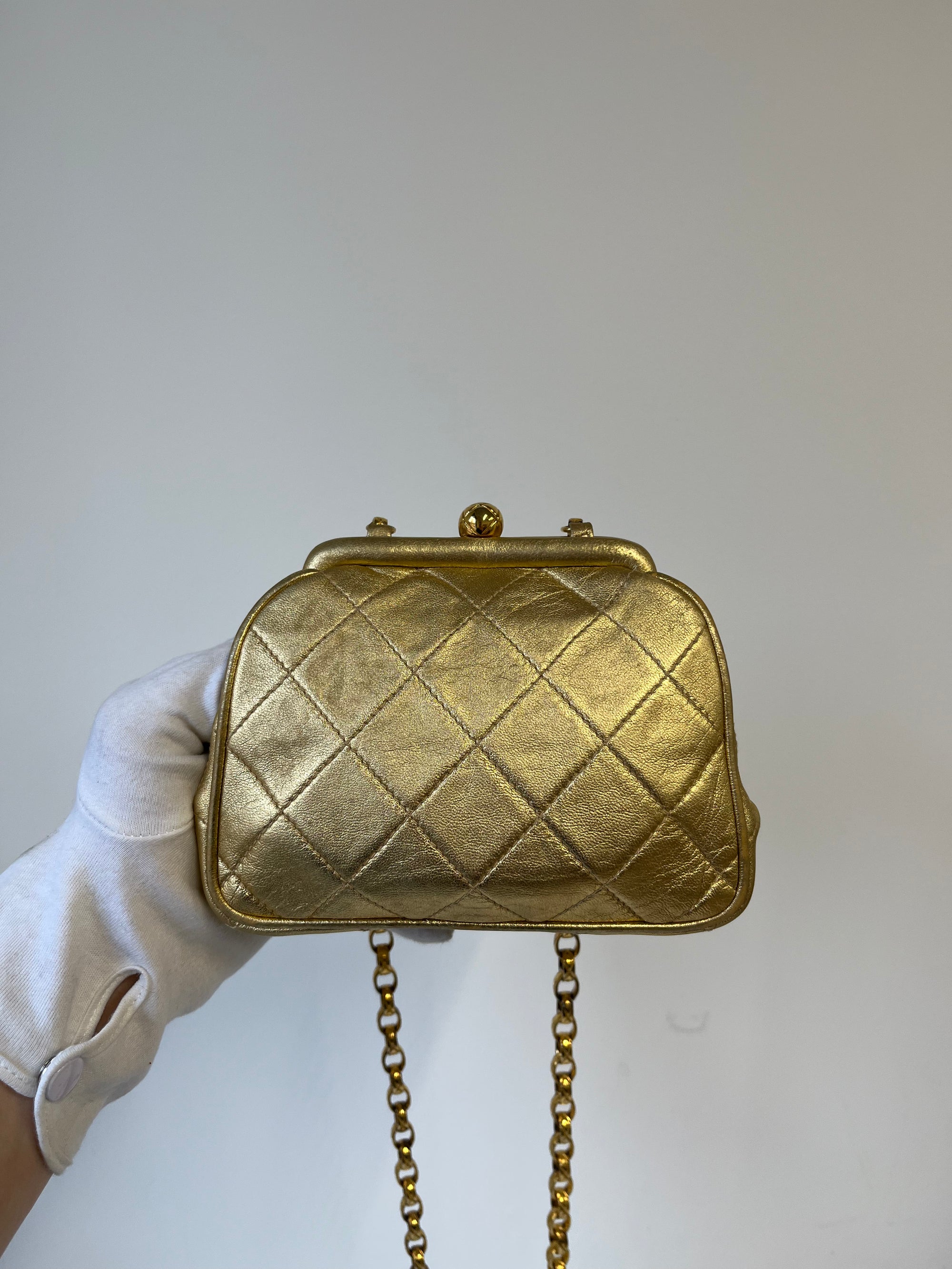 Chanel Vintage CC Metallic Gold Kiss Lock With Bijoux Chain (1989-1991)