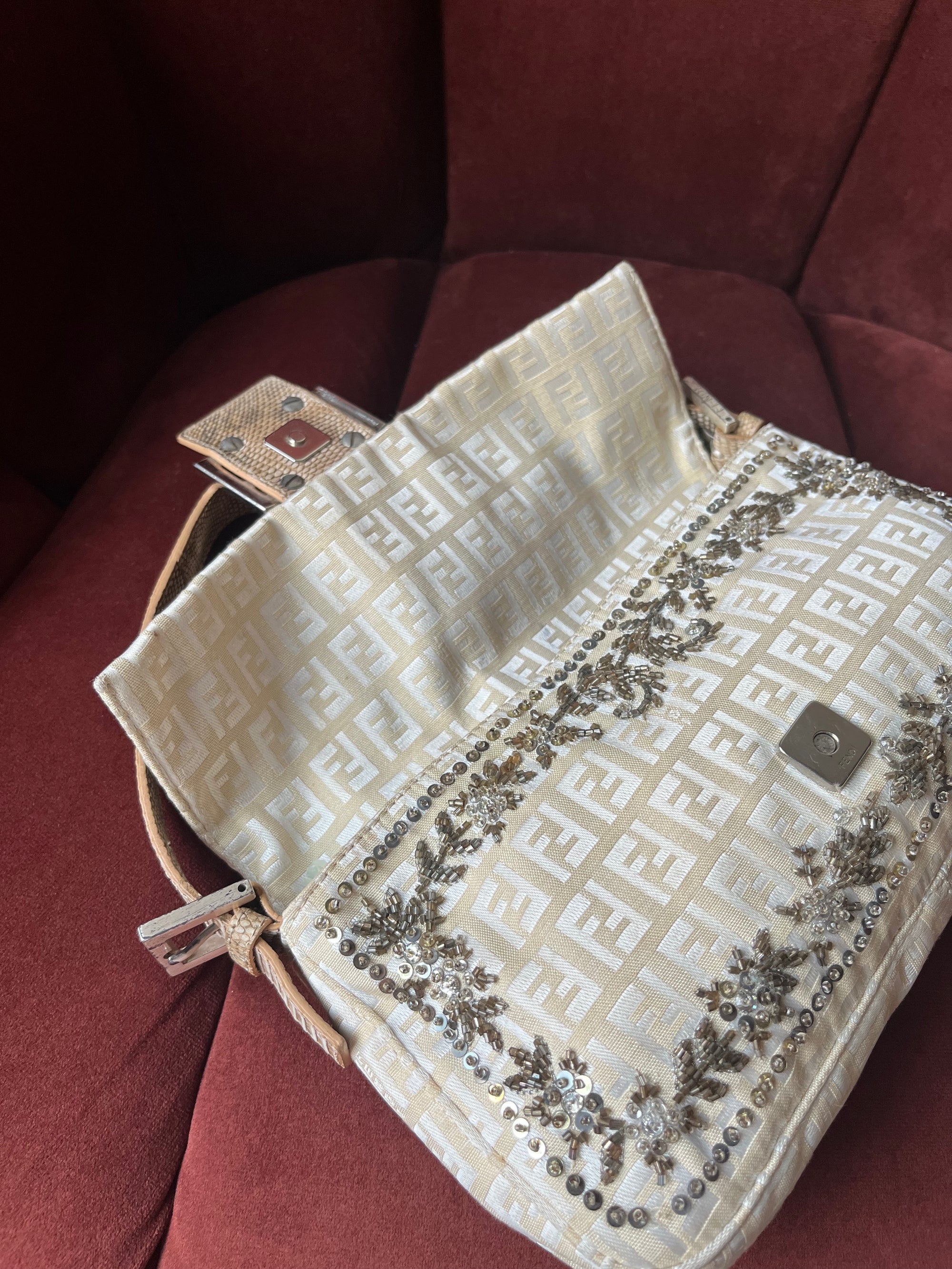 Fendi Vintage Embroidered Floral Sequin Zucca Baguette
