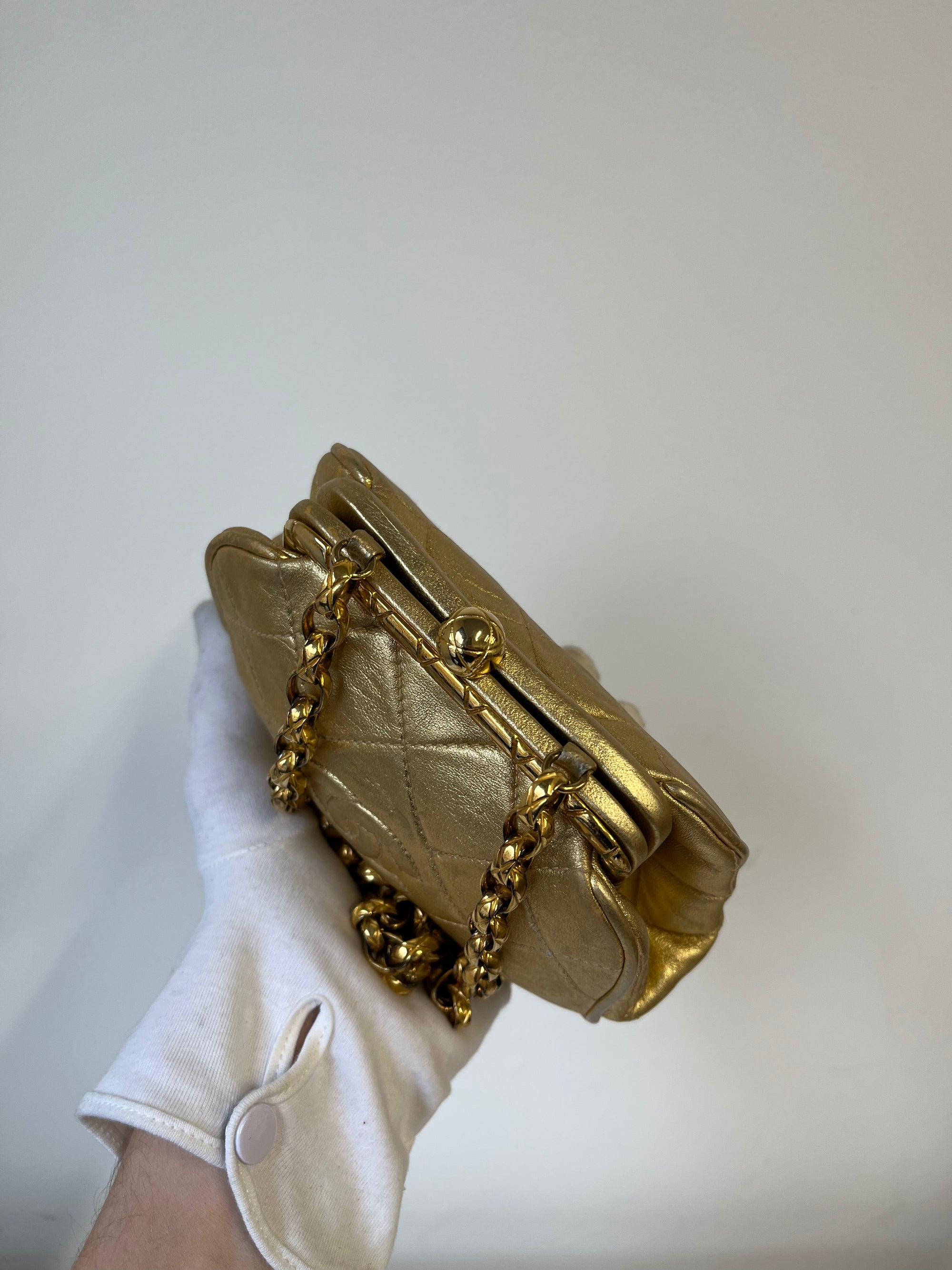 Chanel Vintage CC Metallic Gold Kiss Lock With Bijoux Chain (1989-1991)