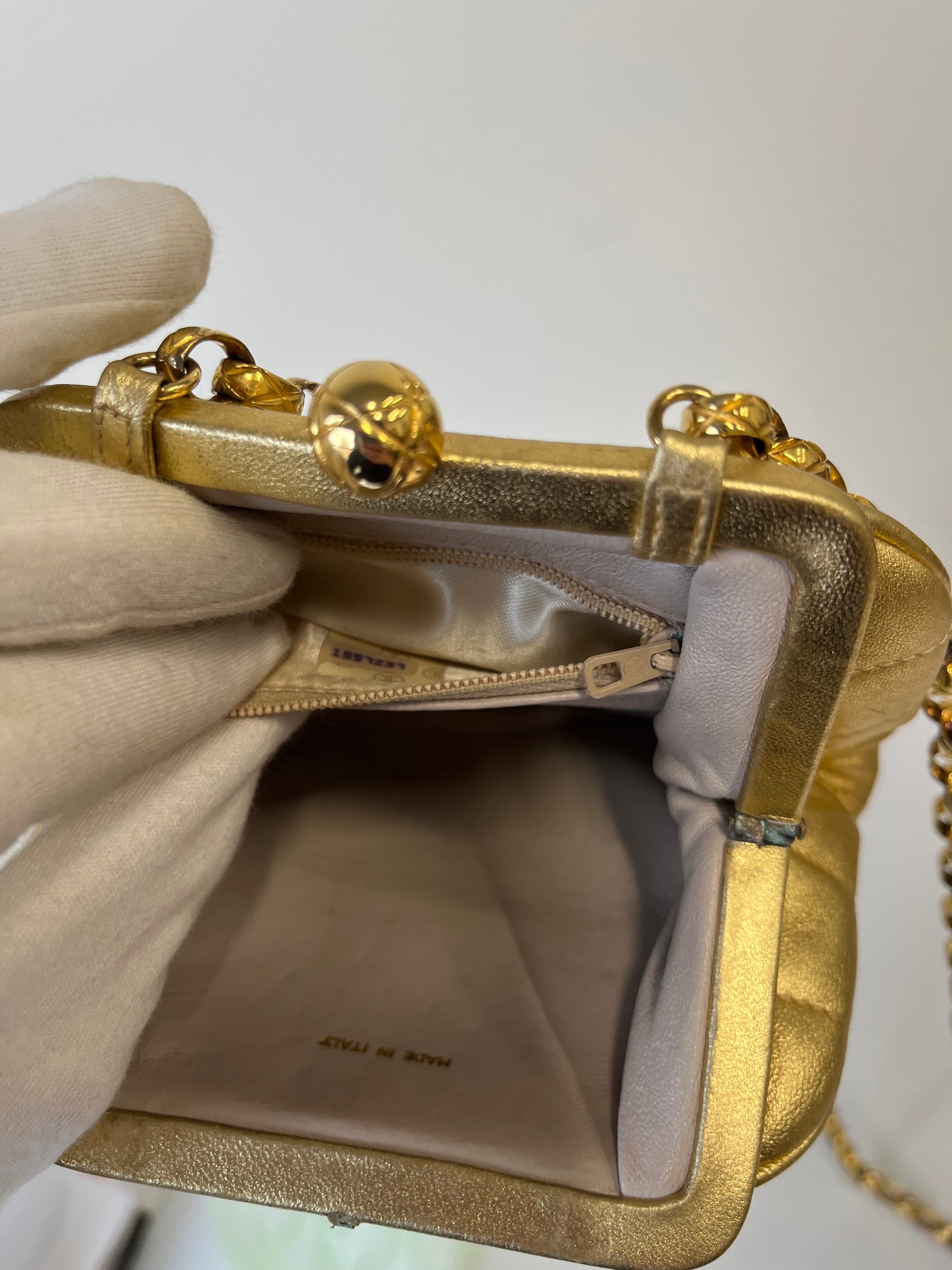 Chanel Vintage CC Metallic Gold Kiss Lock With Bijoux Chain (1989-1991)