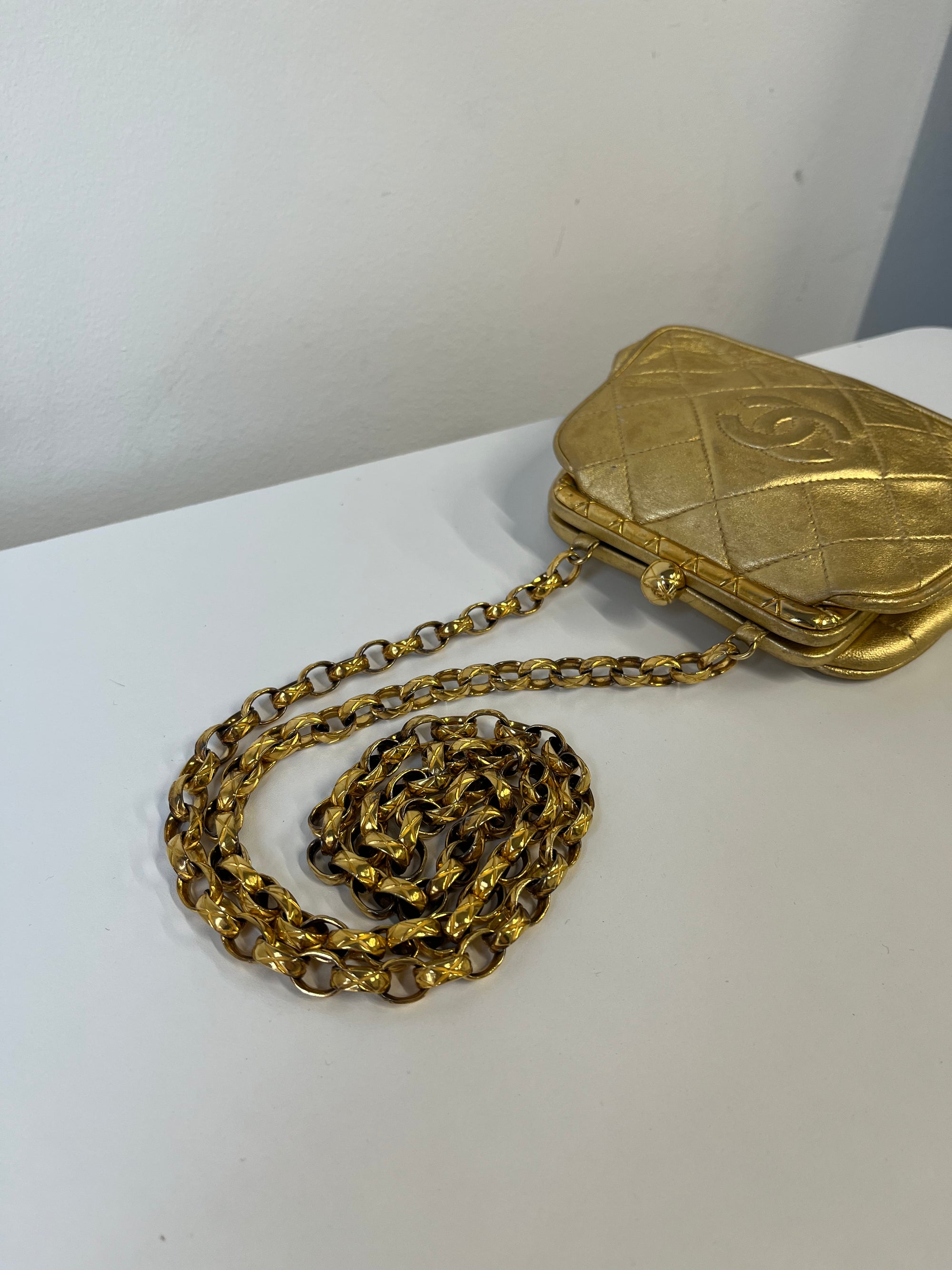 Chanel Vintage CC Metallic Gold Kiss Lock With Bijoux Chain (1989-1991)
