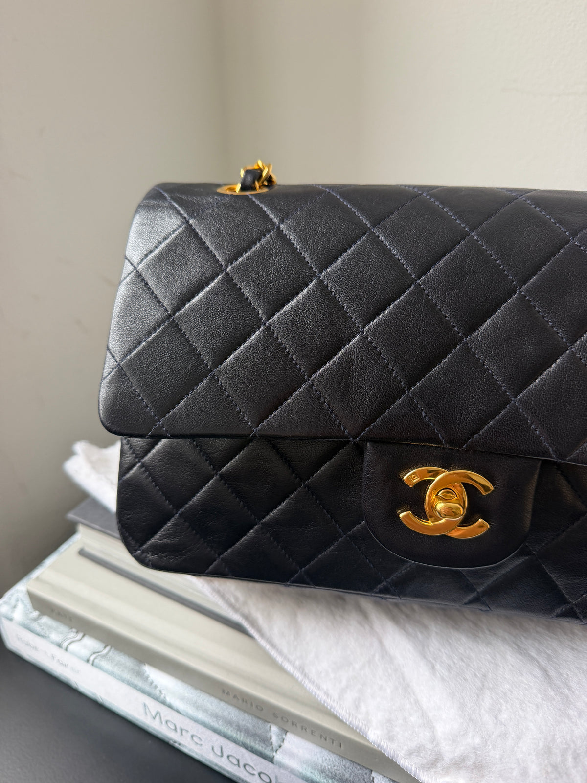 Chanel Vintage Medium Classic Double Flap In Navy Lambskin (1994-1996)