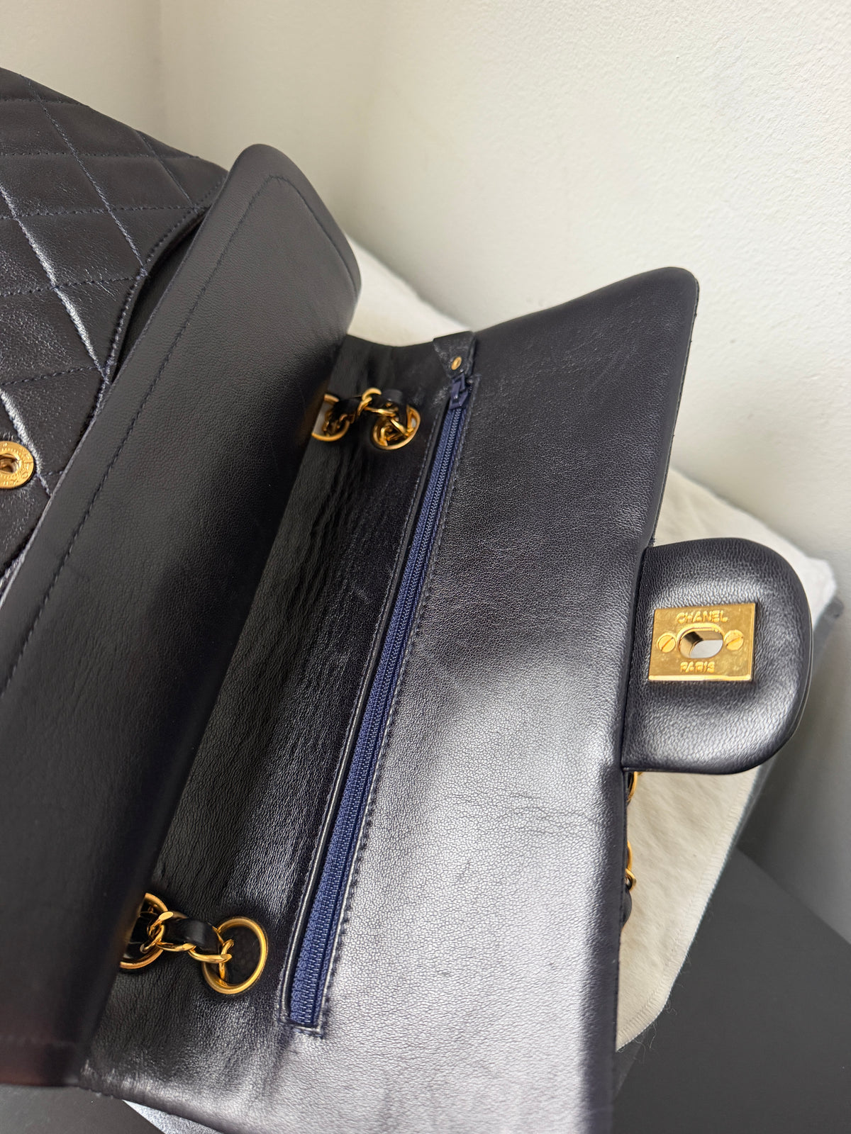 Chanel Vintage Medium Classic Double Flap In Navy Lambskin (1994-1996)