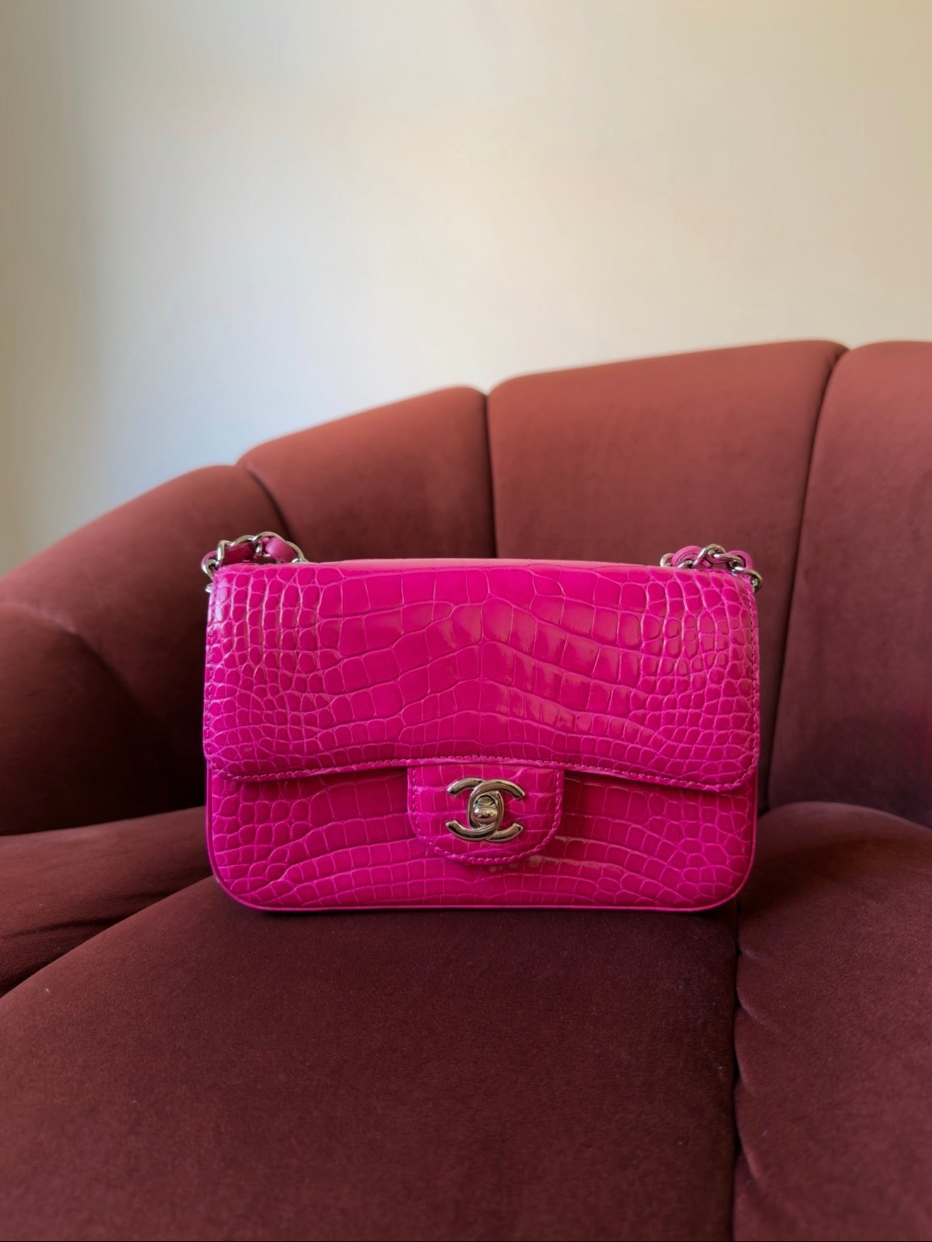 Chanel Mini Rectangle Flap In Fuchsia Alligator (2019)                             *PRICE UPON REQUEST*