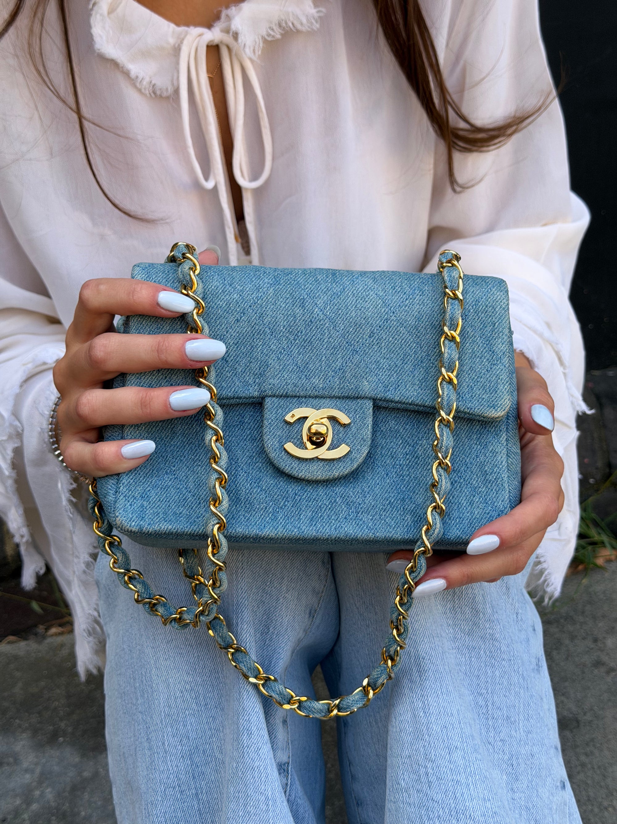 Chanel Vintage Mini Square Flap In Light Blue Denim (1991)