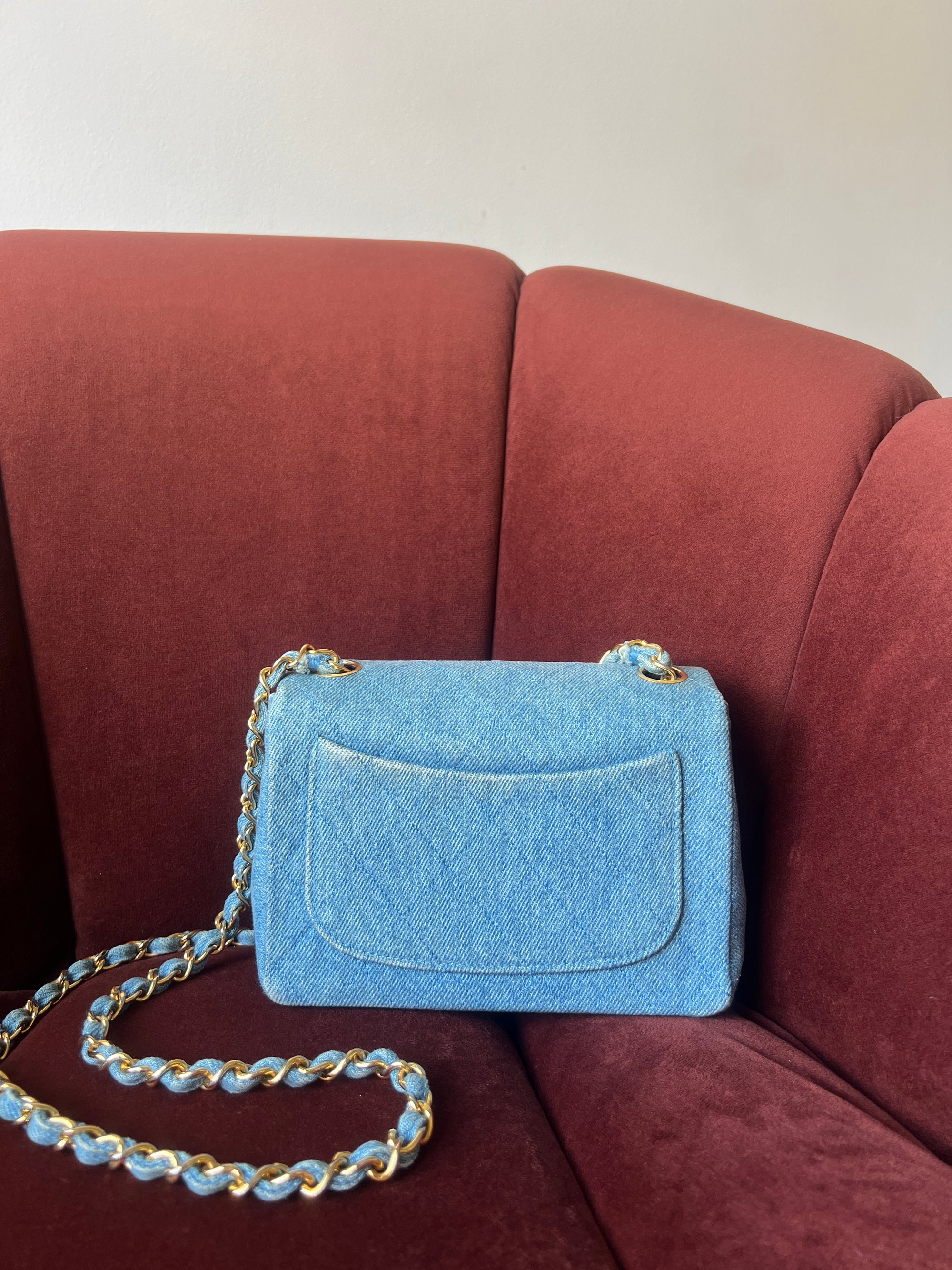 Chanel Vintage Mini Square Flap In Light Blue Denim (1991)